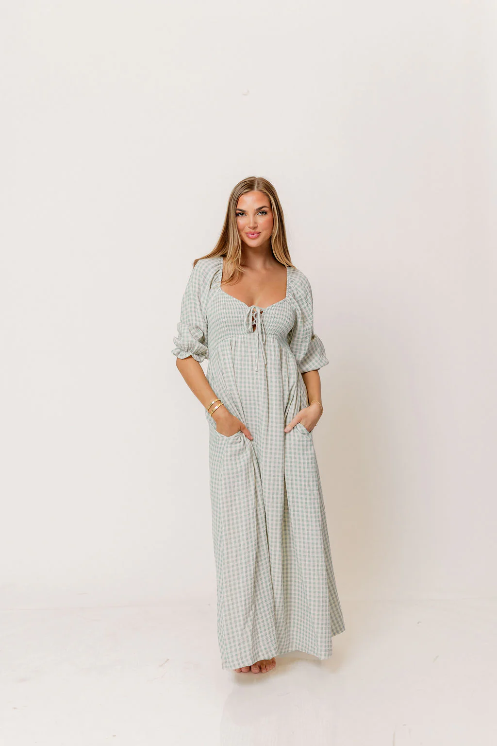 Cecilia 100% Cotton Smocked Maxi Dress in Aqua Plaid (Lined) - Bump Friendly - Image 3
