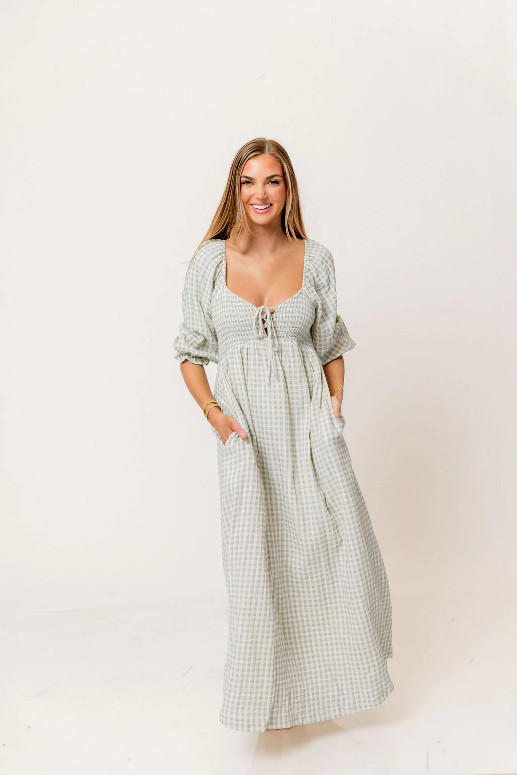 Cecilia 100% Cotton Smocked Maxi Dress in Aqua Plaid (Lined) - Bump Friendly - Image 4