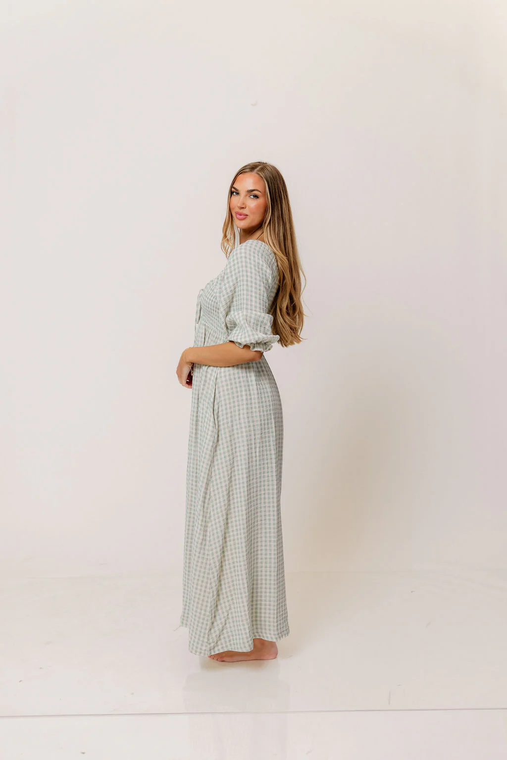 Cecilia 100% Cotton Smocked Maxi Dress in Aqua Plaid (Lined) - Bump Friendly - Image 9