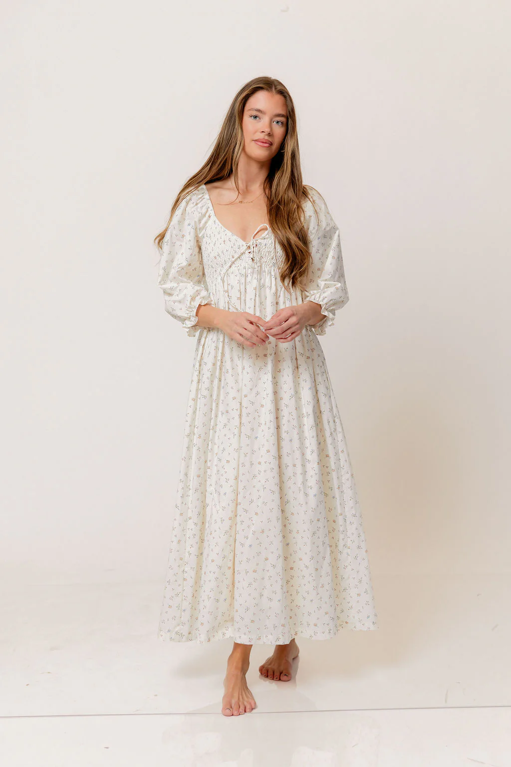 Cecilia 100% Cotton Smocked Maxi Dress in Flowery Ivory (Lined) - Bump Friendly