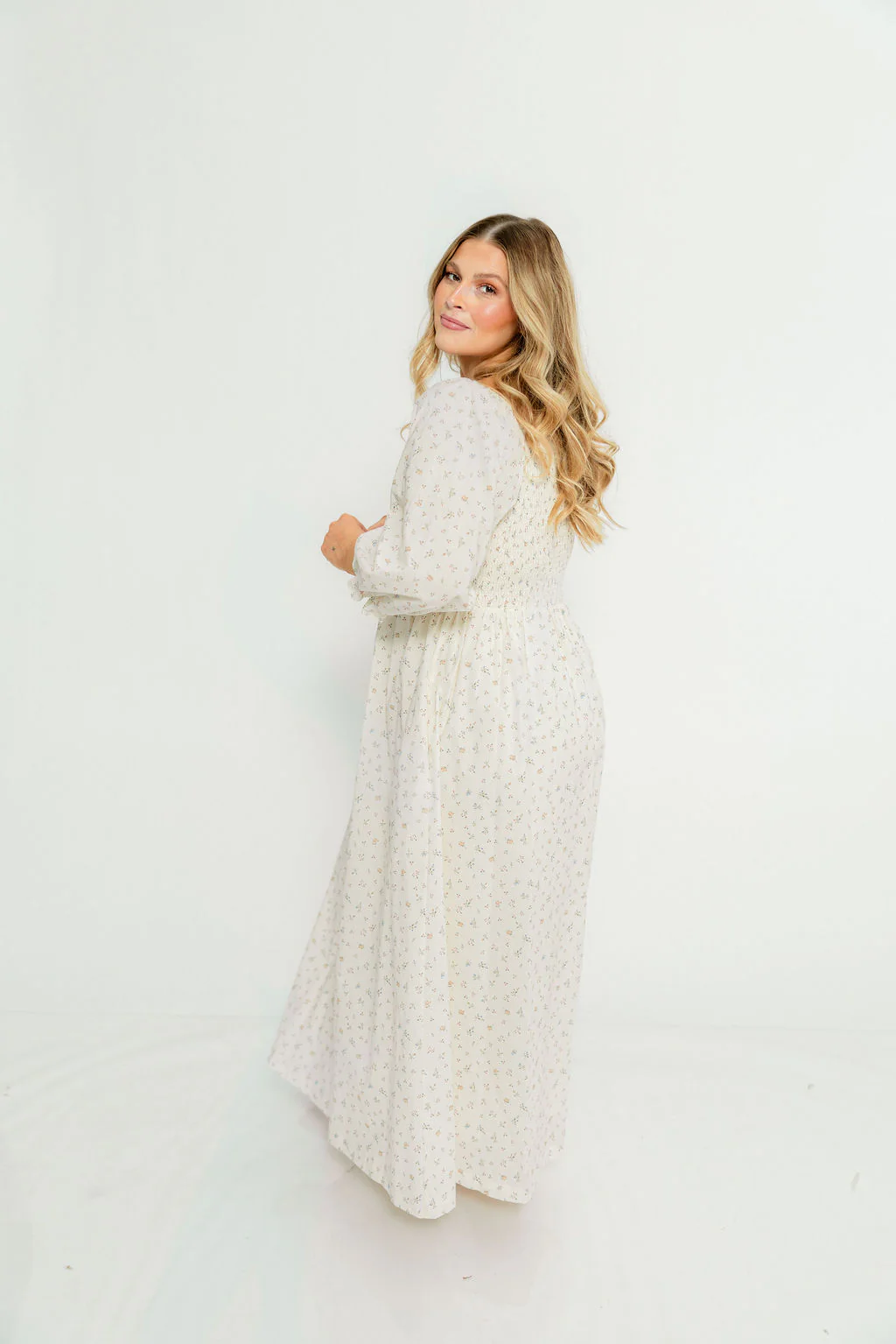Cecilia 100% Cotton Smocked Maxi Dress in Flowery Ivory (Lined) - Bump Friendly - Image 10