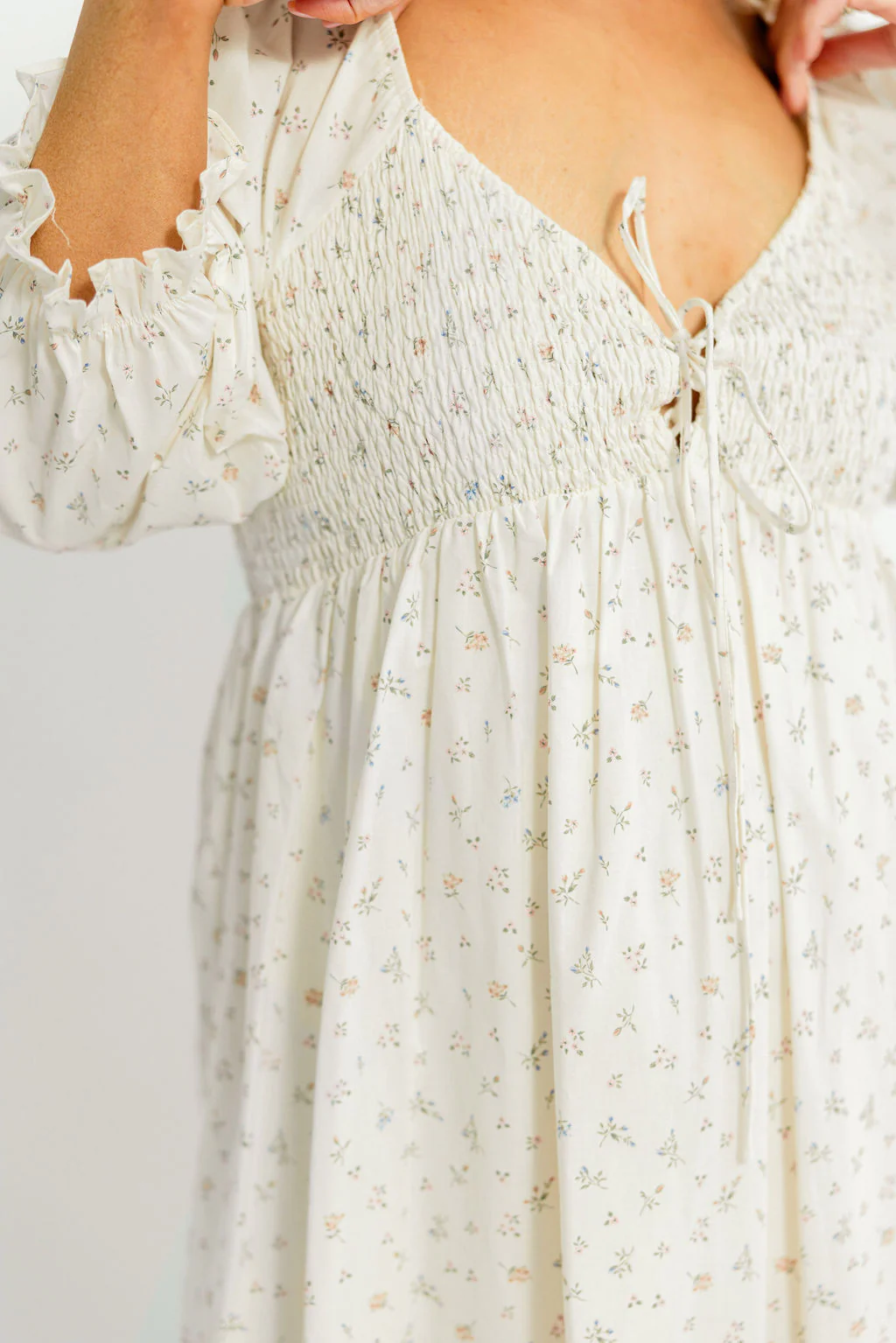 Cecilia 100% Cotton Smocked Maxi Dress in Flowery Ivory (Lined) - Bump Friendly - Image 11