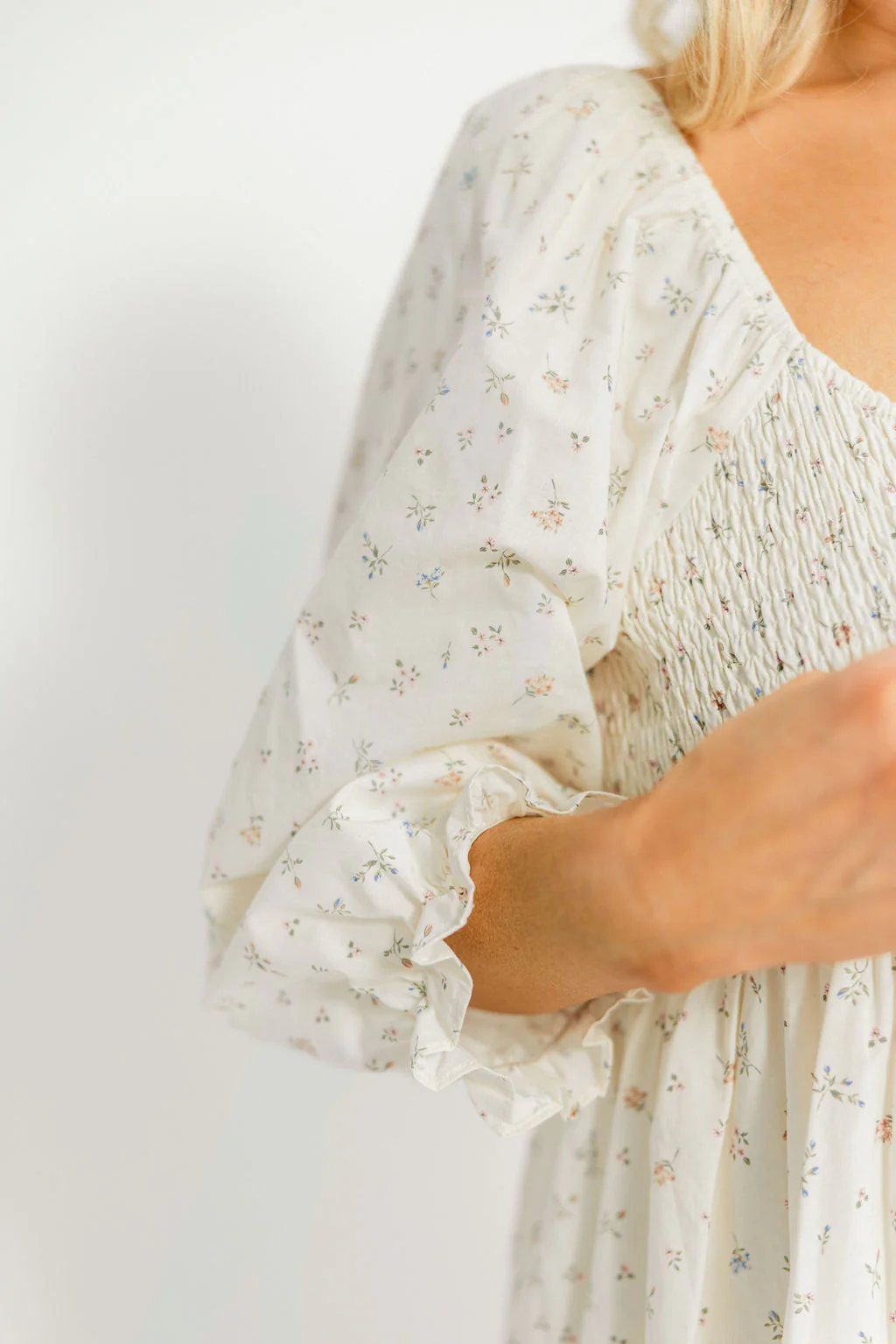 Cecilia 100% Cotton Smocked Maxi Dress in Flowery Ivory (Lined) - Bump Friendly - Image 12