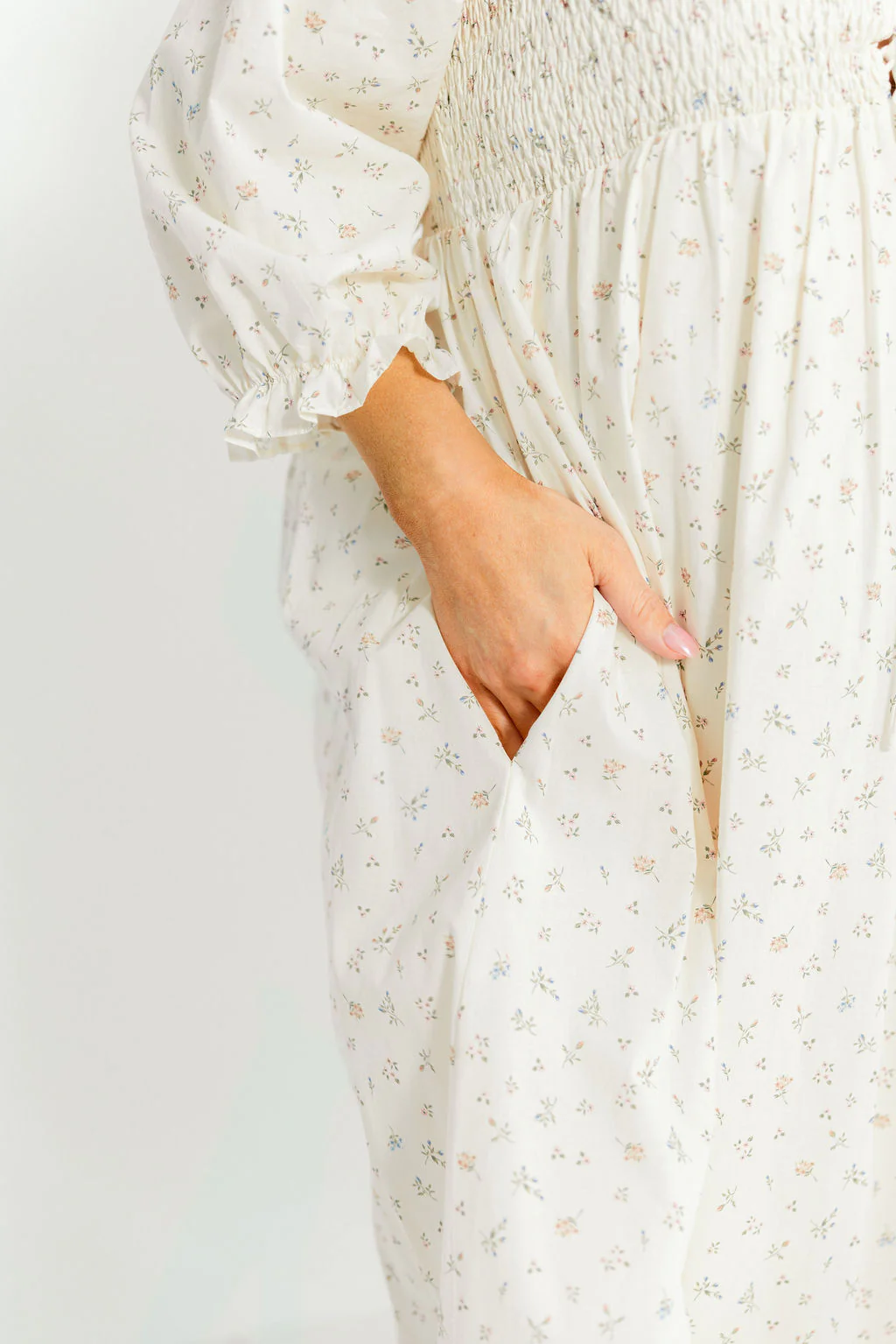 Cecilia 100% Cotton Smocked Maxi Dress in Flowery Ivory (Lined) - Bump Friendly - Image 13
