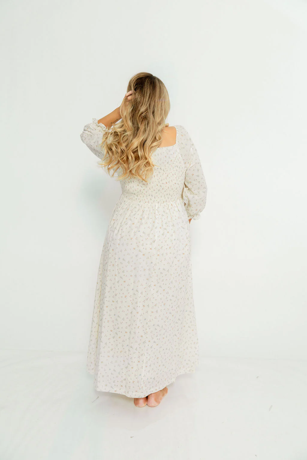 Cecilia 100% Cotton Smocked Maxi Dress in Flowery Ivory (Lined) - Bump Friendly - Image 14
