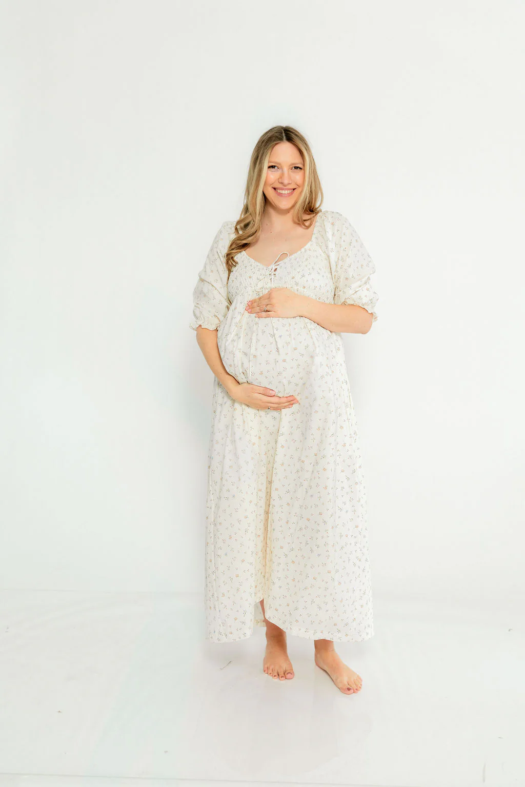 Cecilia 100% Cotton Smocked Maxi Dress in Flowery Ivory (Lined) - Bump Friendly - Image 15