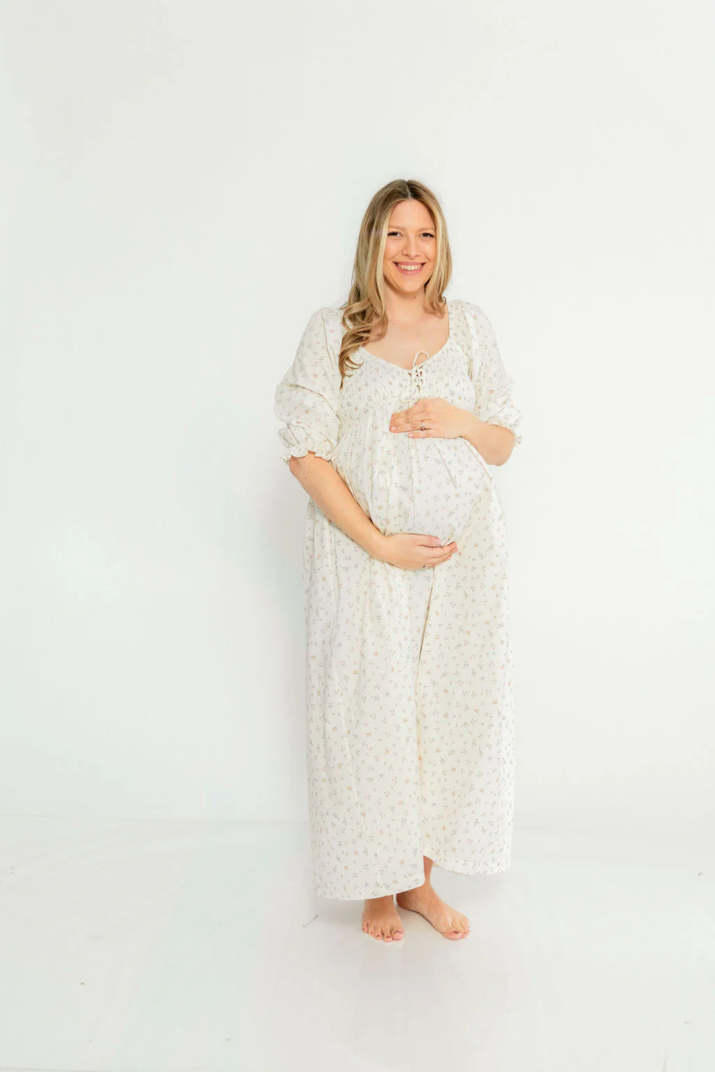 Cecilia 100% Cotton Smocked Maxi Dress in Flowery Ivory (Lined) - Bump Friendly - Image 16