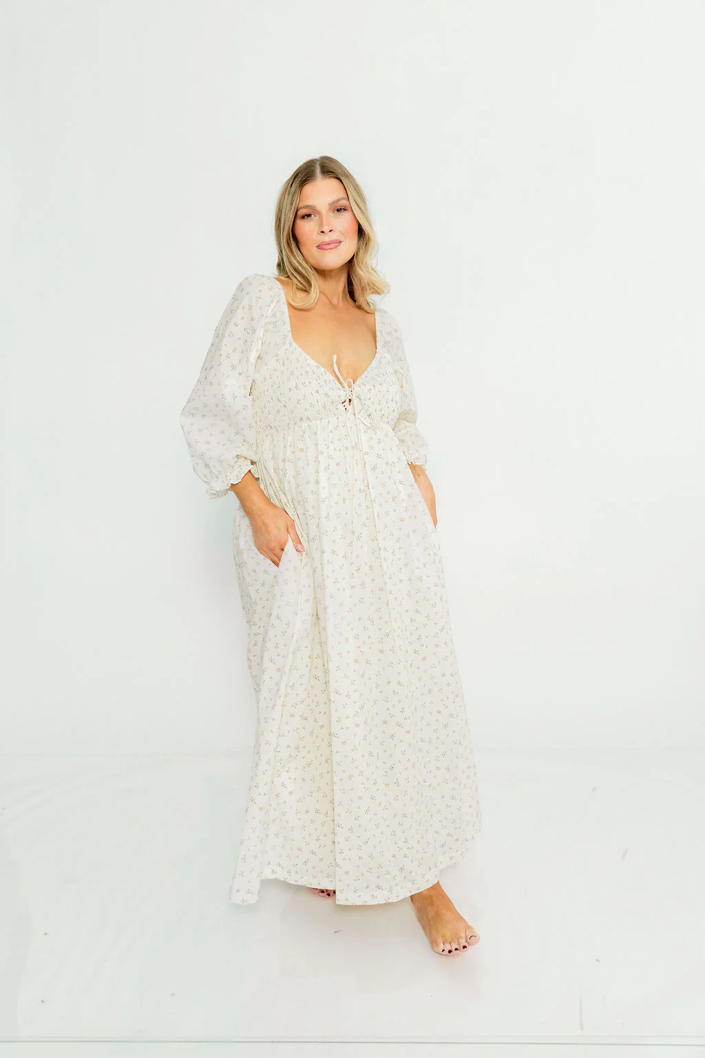 Cecilia 100% Cotton Smocked Maxi Dress in Flowery Ivory (Lined) - Bump Friendly - Image 2