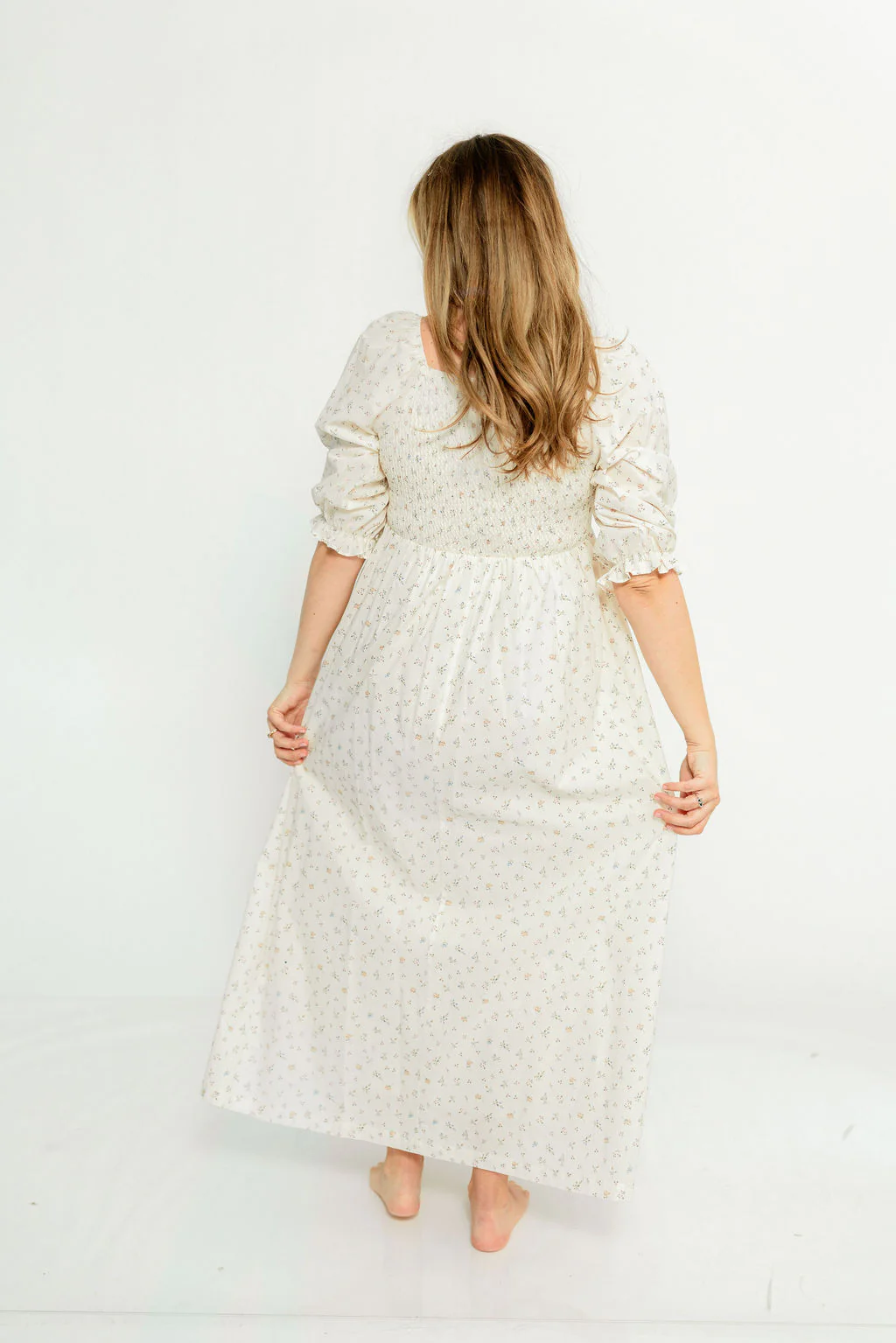 Cecilia 100% Cotton Smocked Maxi Dress in Flowery Ivory (Lined) - Bump Friendly - Image 20