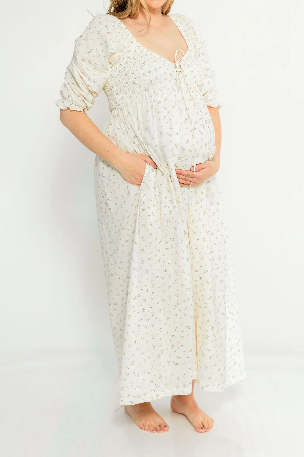 Cecilia 100% Cotton Smocked Maxi Dress in Flowery Ivory (Lined) - Bump Friendly - Image 21