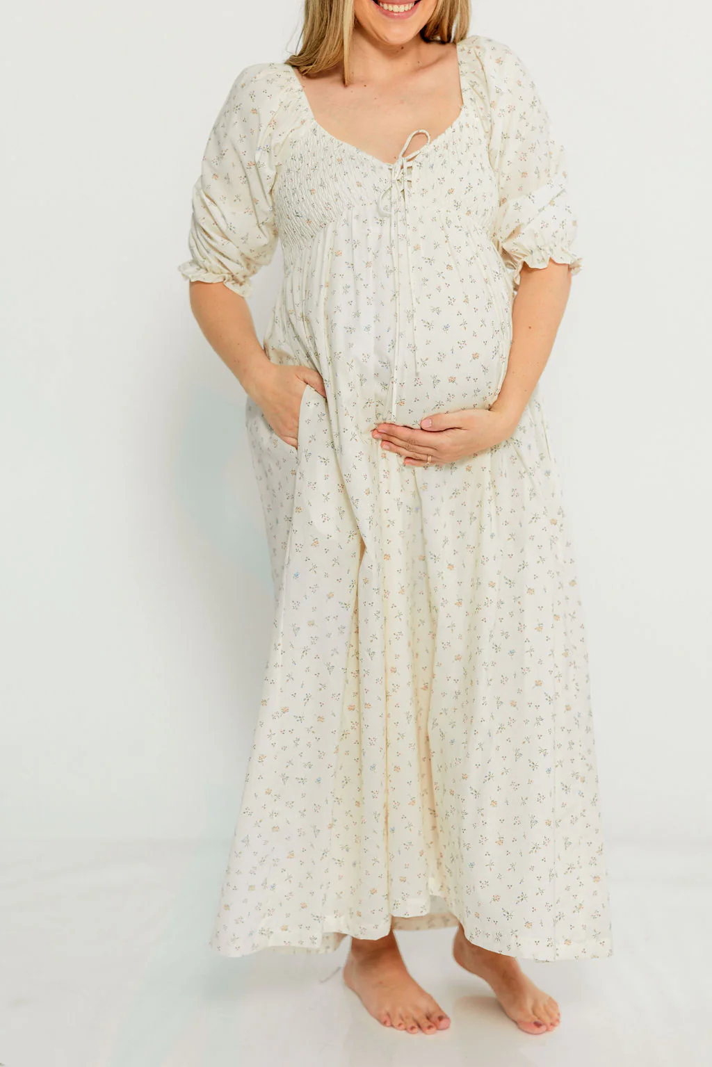 Cecilia 100% Cotton Smocked Maxi Dress in Flowery Ivory (Lined) - Bump Friendly - Image 22