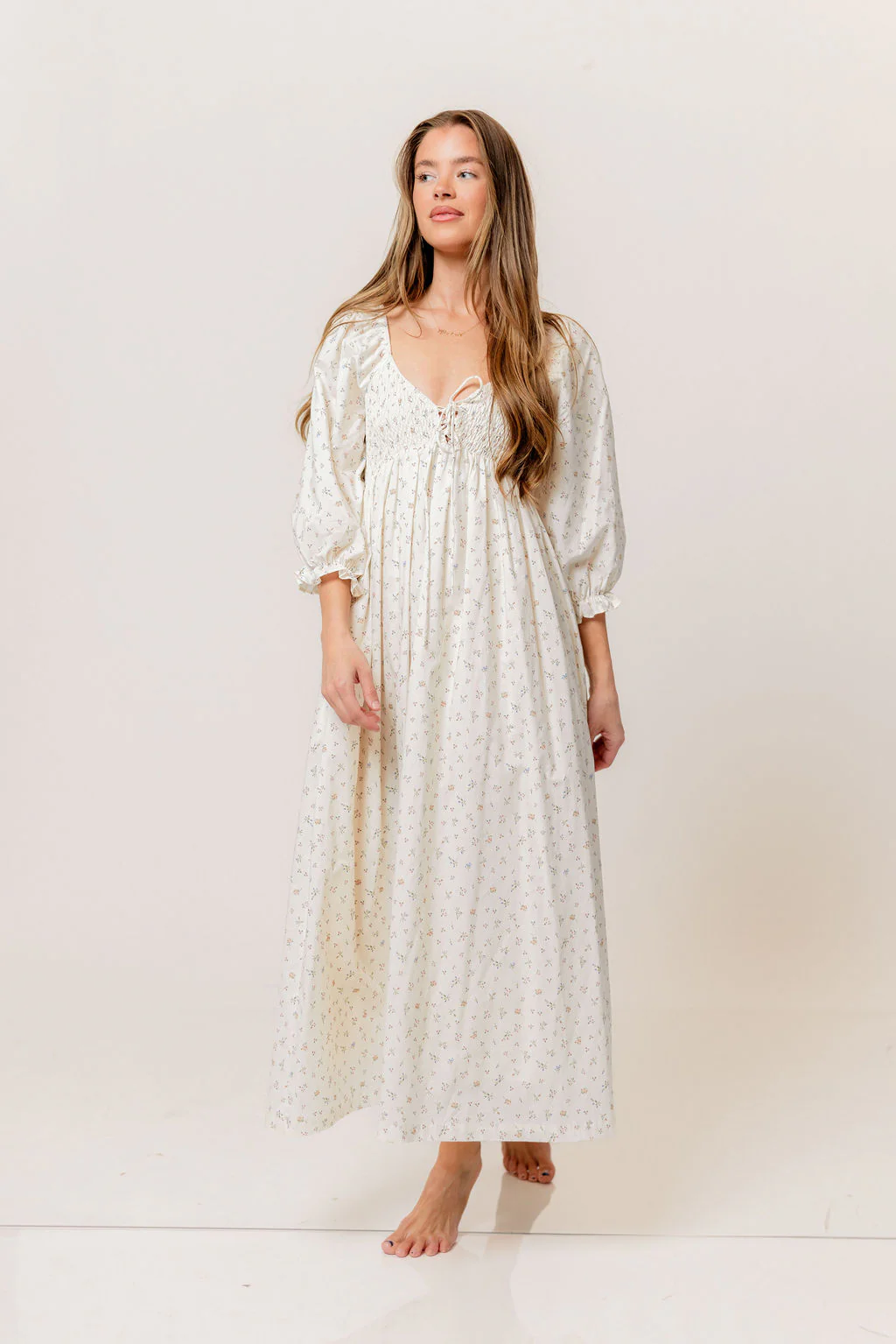 Cecilia 100% Cotton Smocked Maxi Dress in Flowery Ivory (Lined) - Bump Friendly - Image 3