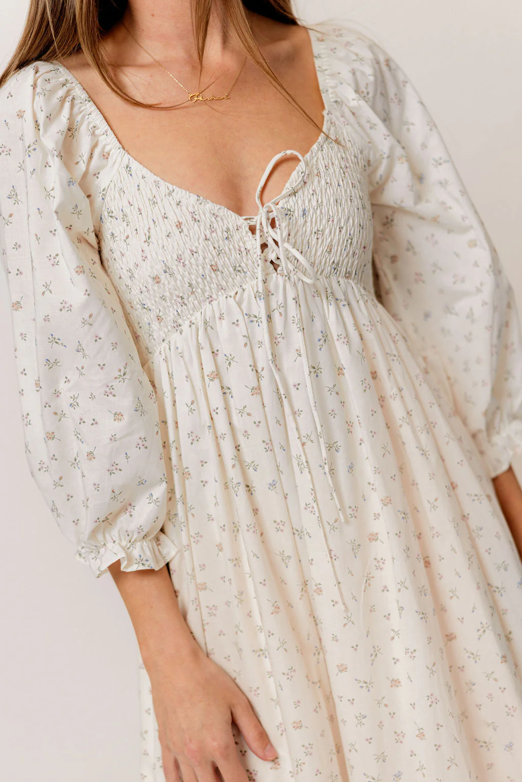 Cecilia 100% Cotton Smocked Maxi Dress in Flowery Ivory (Lined) - Bump Friendly - Image 4