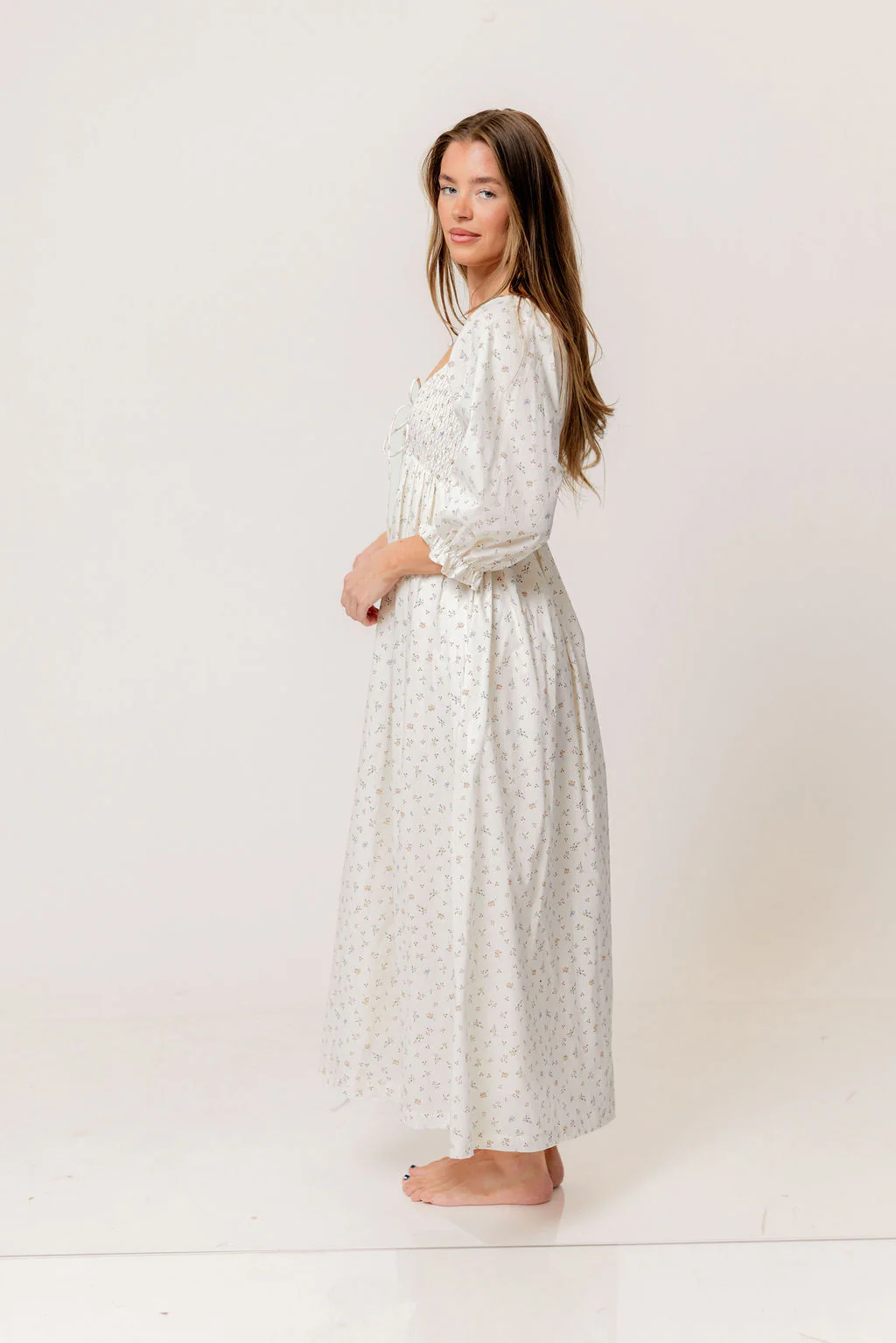 Cecilia 100% Cotton Smocked Maxi Dress in Flowery Ivory (Lined) - Bump Friendly - Image 5