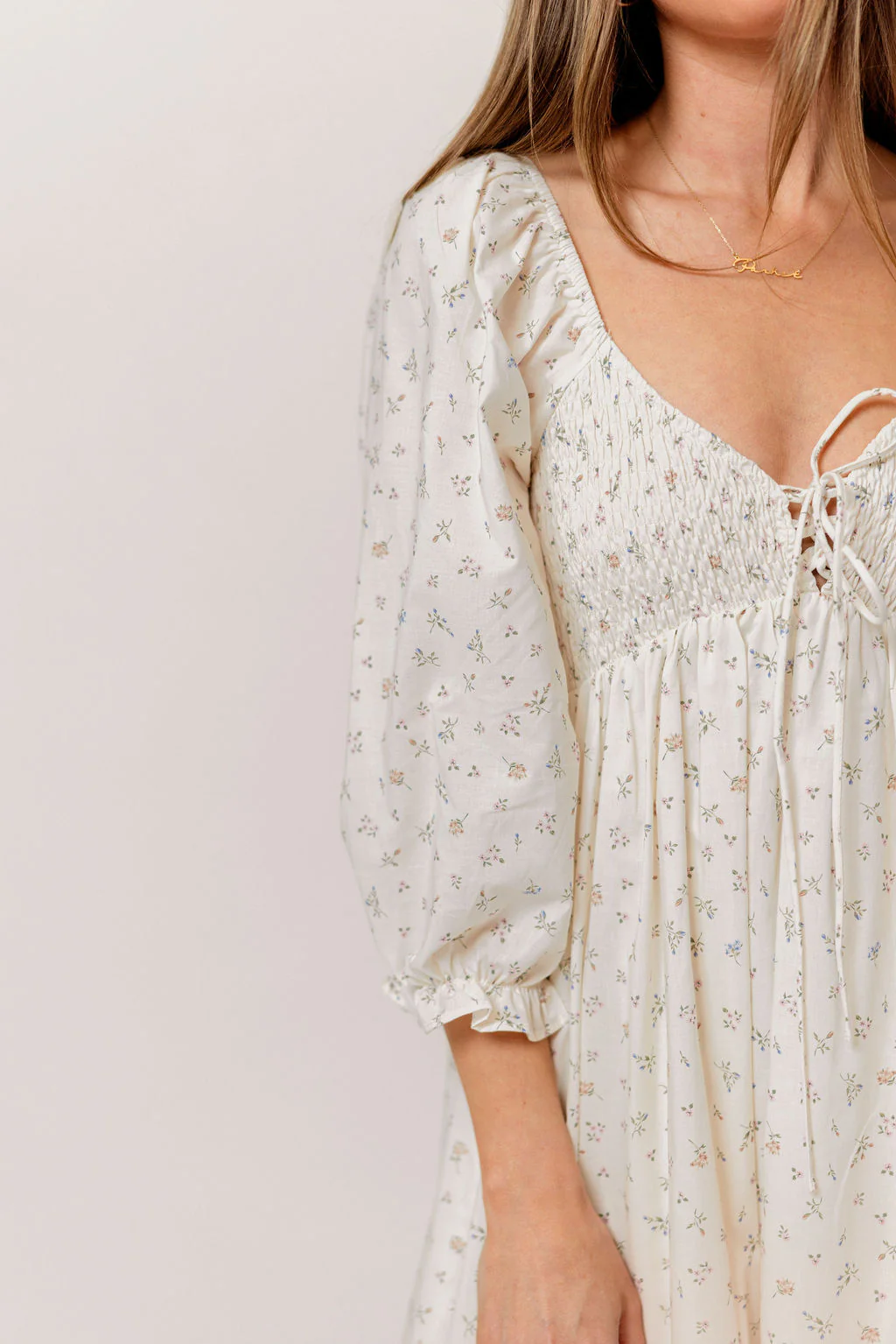 Cecilia 100% Cotton Smocked Maxi Dress in Flowery Ivory (Lined) - Bump Friendly - Image 6