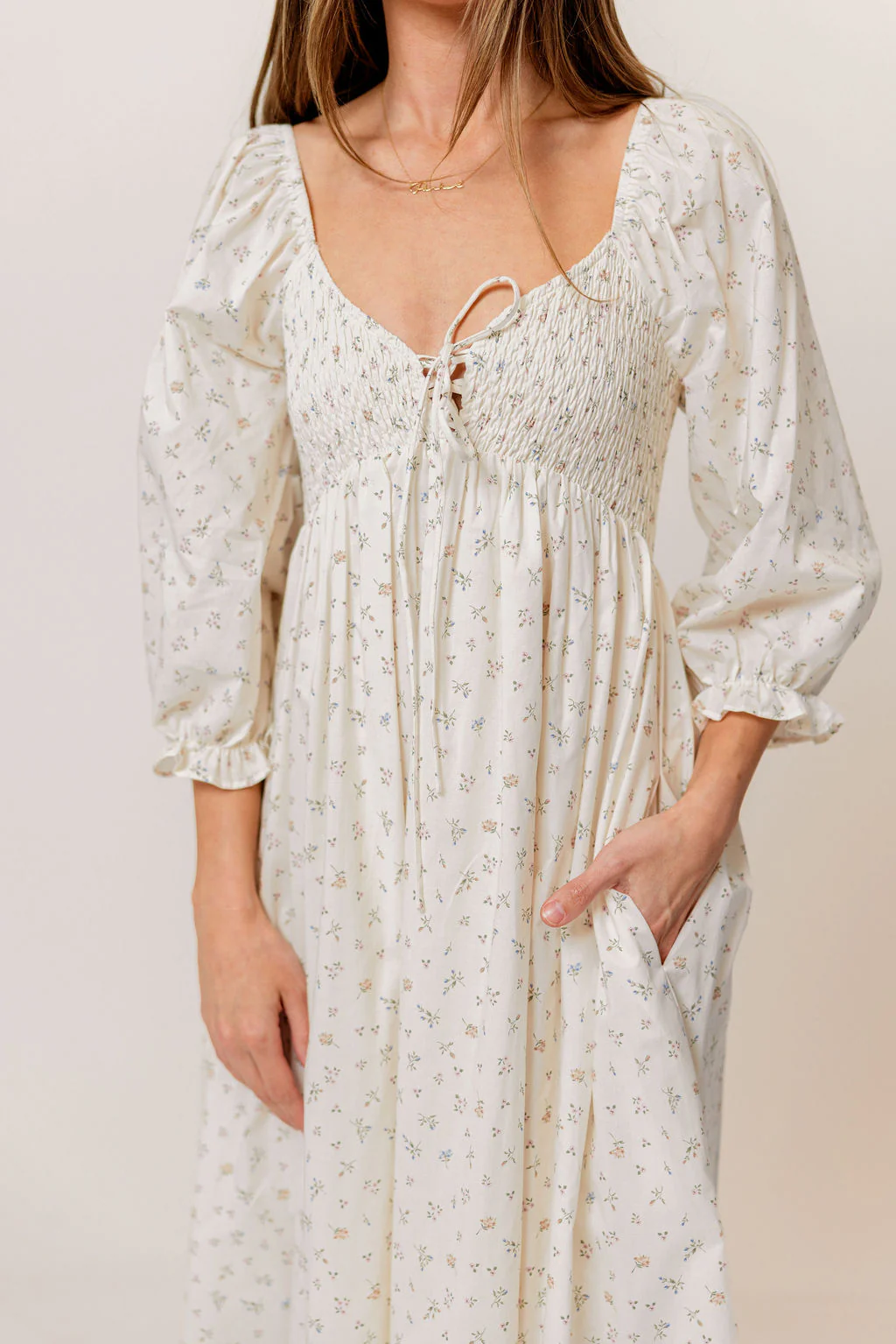 Cecilia 100% Cotton Smocked Maxi Dress in Flowery Ivory (Lined) - Bump Friendly - Image 7