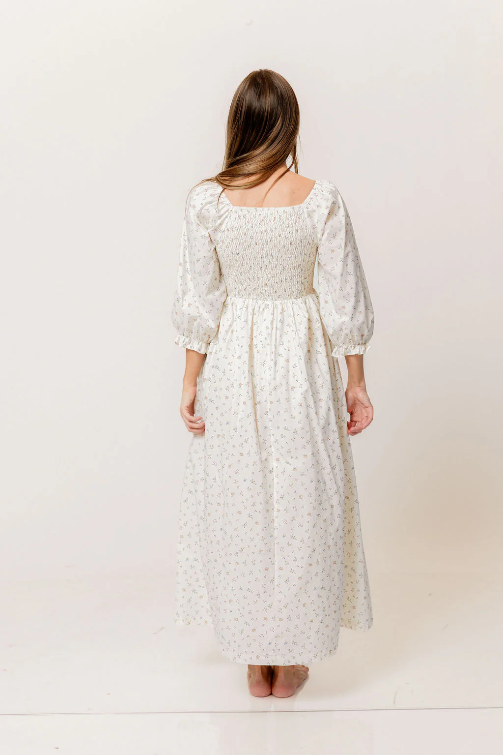 Cecilia 100% Cotton Smocked Maxi Dress in Flowery Ivory (Lined) - Bump Friendly - Image 8