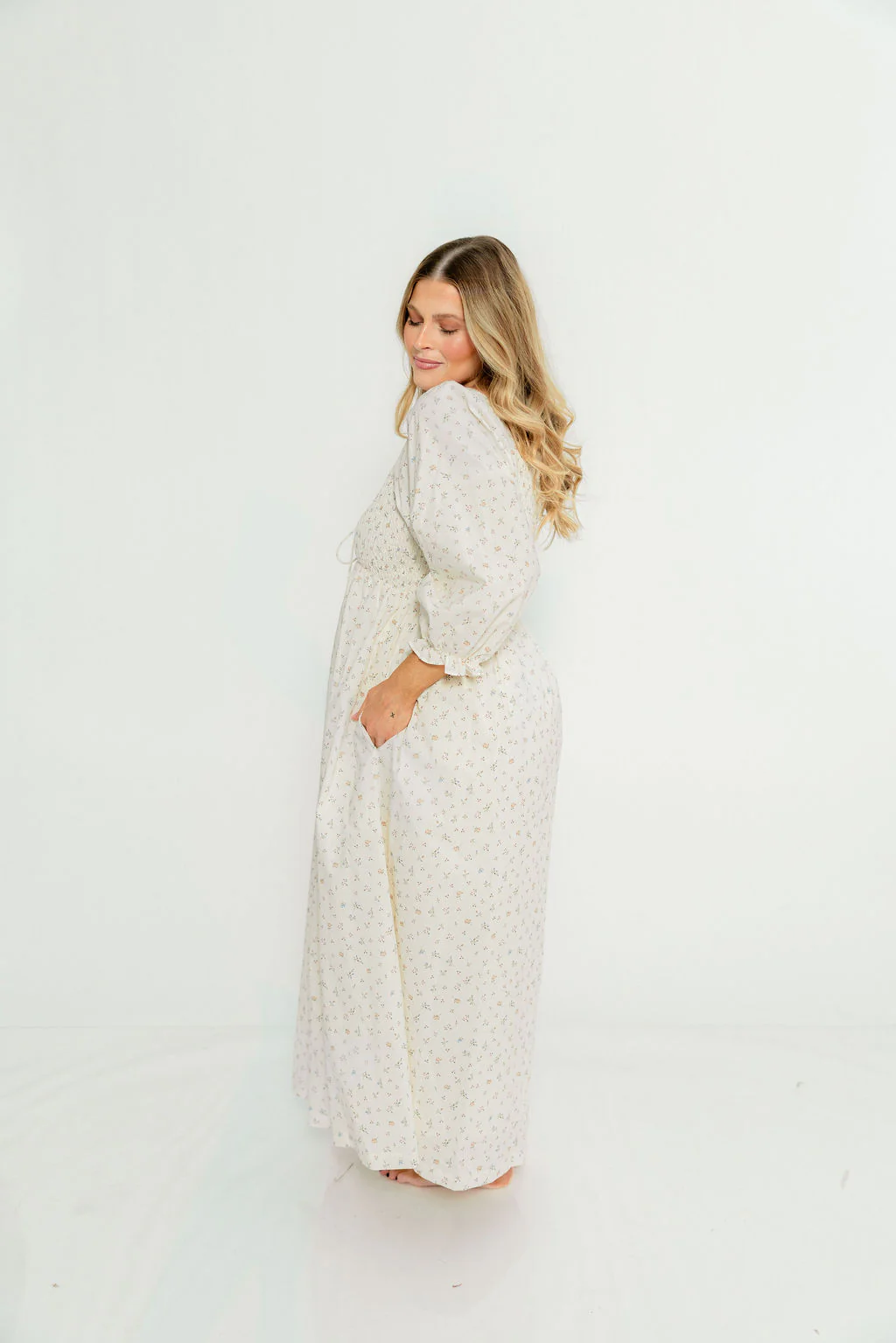 Cecilia 100% Cotton Smocked Maxi Dress in Flowery Ivory (Lined) - Bump Friendly - Image 9