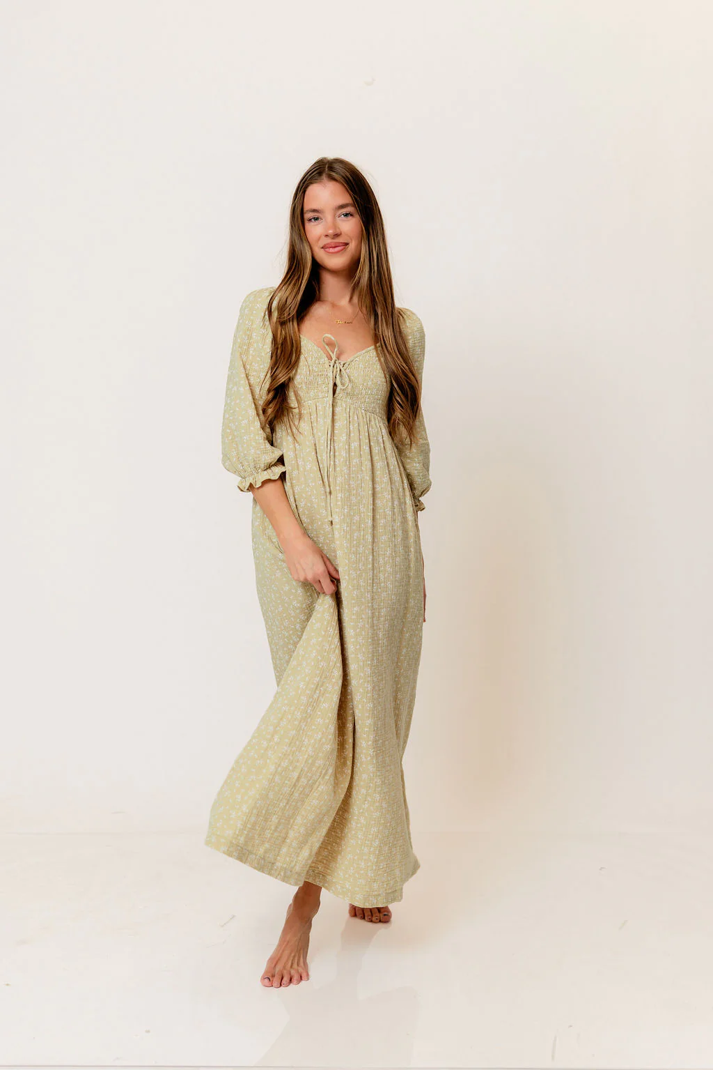 Cecilia 100% Cotton Smocked Maxi Dress in Green Haze Foliage - Bump Friendly - Image 2