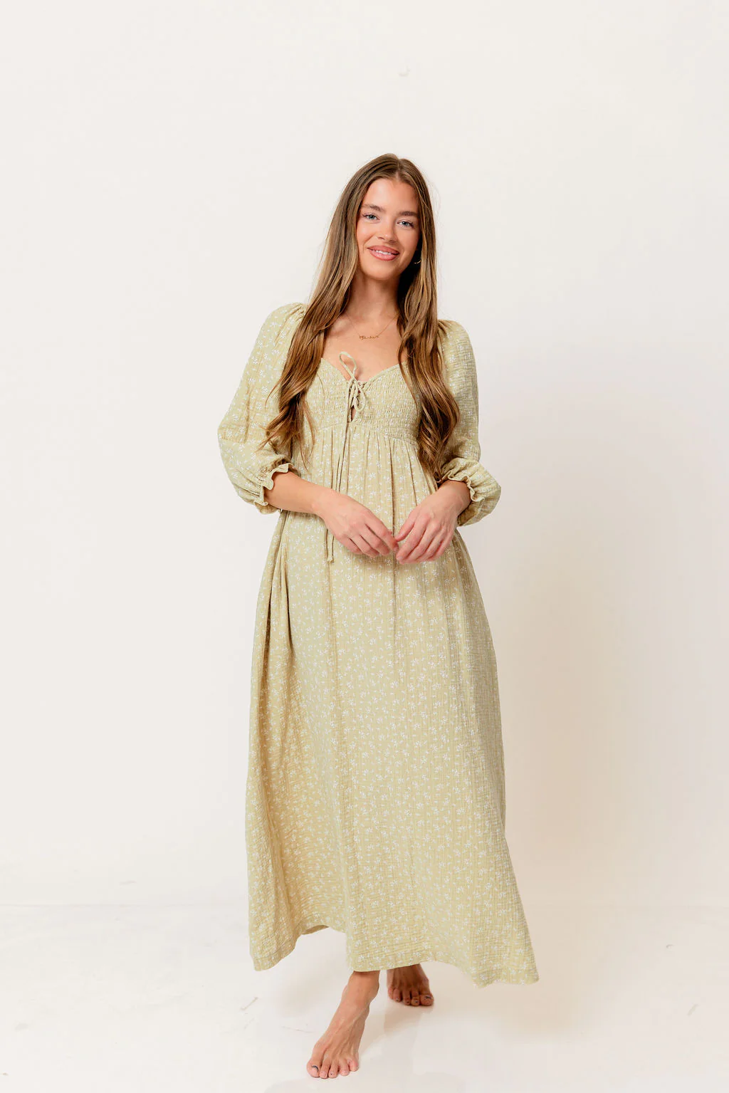 Cecilia 100% Cotton Smocked Maxi Dress in Green Haze Foliage - Bump Friendly - Image 3