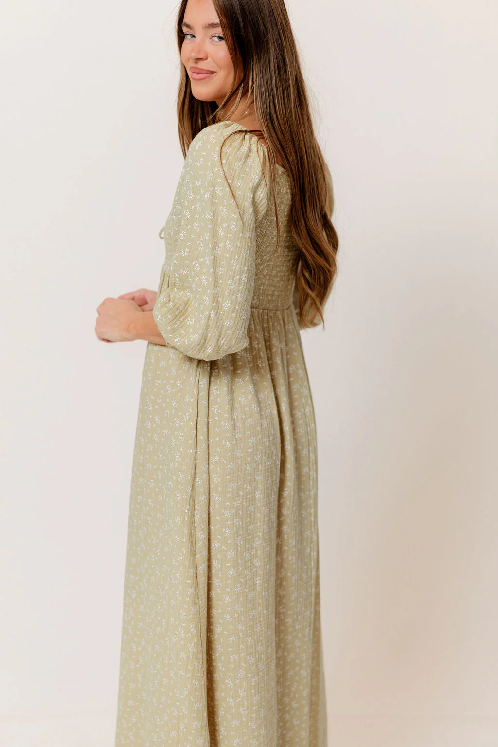 Cecilia 100% Cotton Smocked Maxi Dress in Green Haze Foliage - Bump Friendly - Image 4
