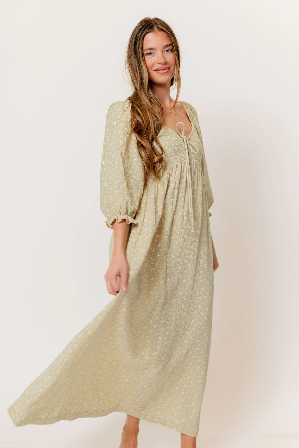 Cecilia 100% Cotton Smocked Maxi Dress in Green Haze Foliage - Bump Friendly - Image 5