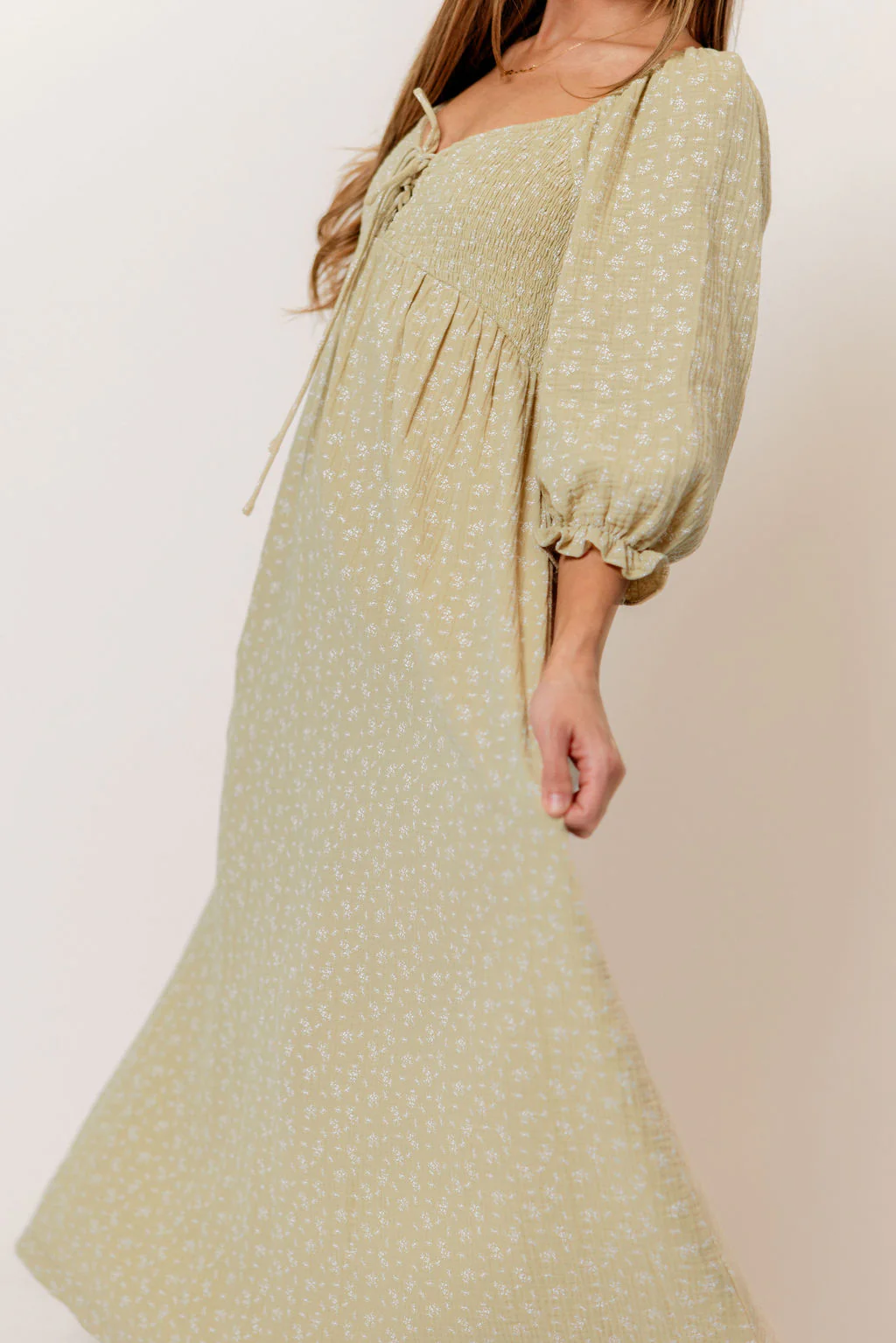 Cecilia 100% Cotton Smocked Maxi Dress in Green Haze Foliage - Bump Friendly - Image 6