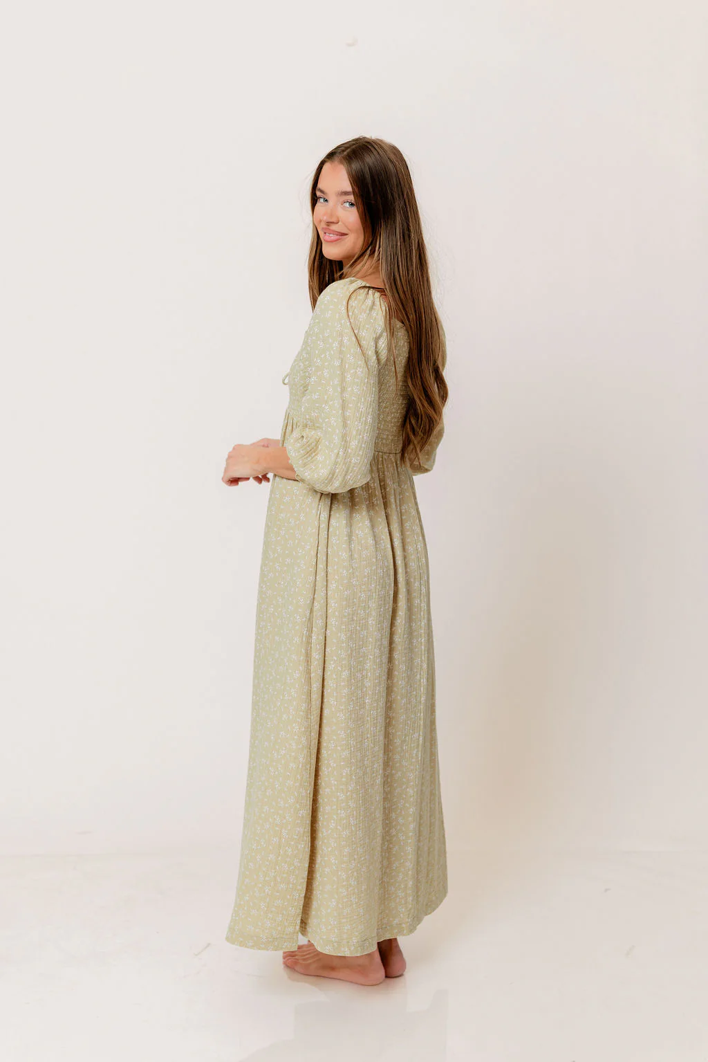 Cecilia 100% Cotton Smocked Maxi Dress in Green Haze Foliage - Bump Friendly - Image 7
