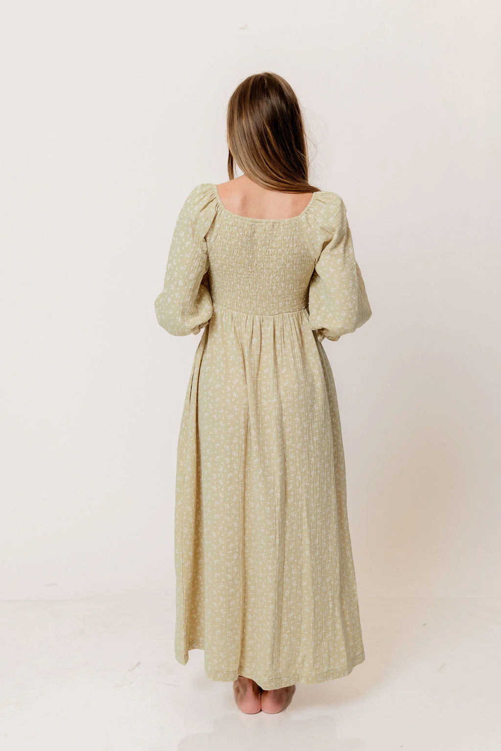 Cecilia 100% Cotton Smocked Maxi Dress in Green Haze Foliage - Bump Friendly - Image 8