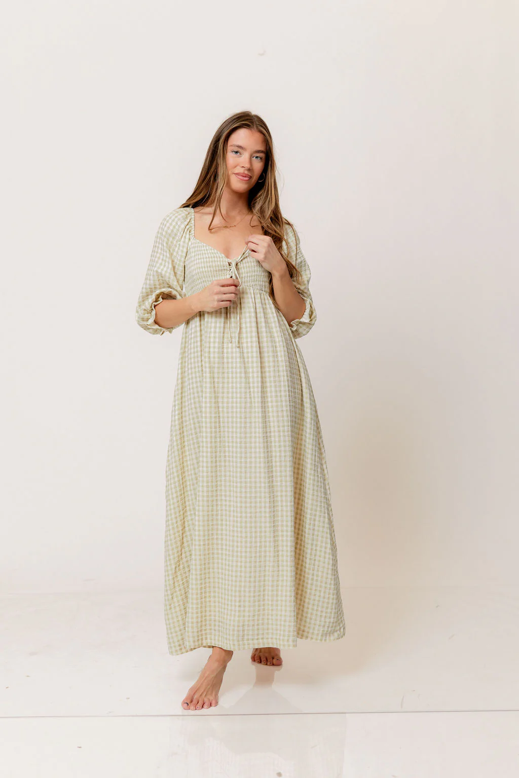 Cecilia 100% Cotton Smocked Maxi Dress in Green Haze Plaid (Lined) - Bump Friendly