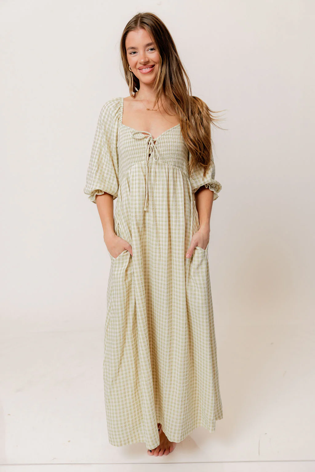 Cecilia 100% Cotton Smocked Maxi Dress in Green Haze Plaid (Lined) - Bump Friendly - Image 3