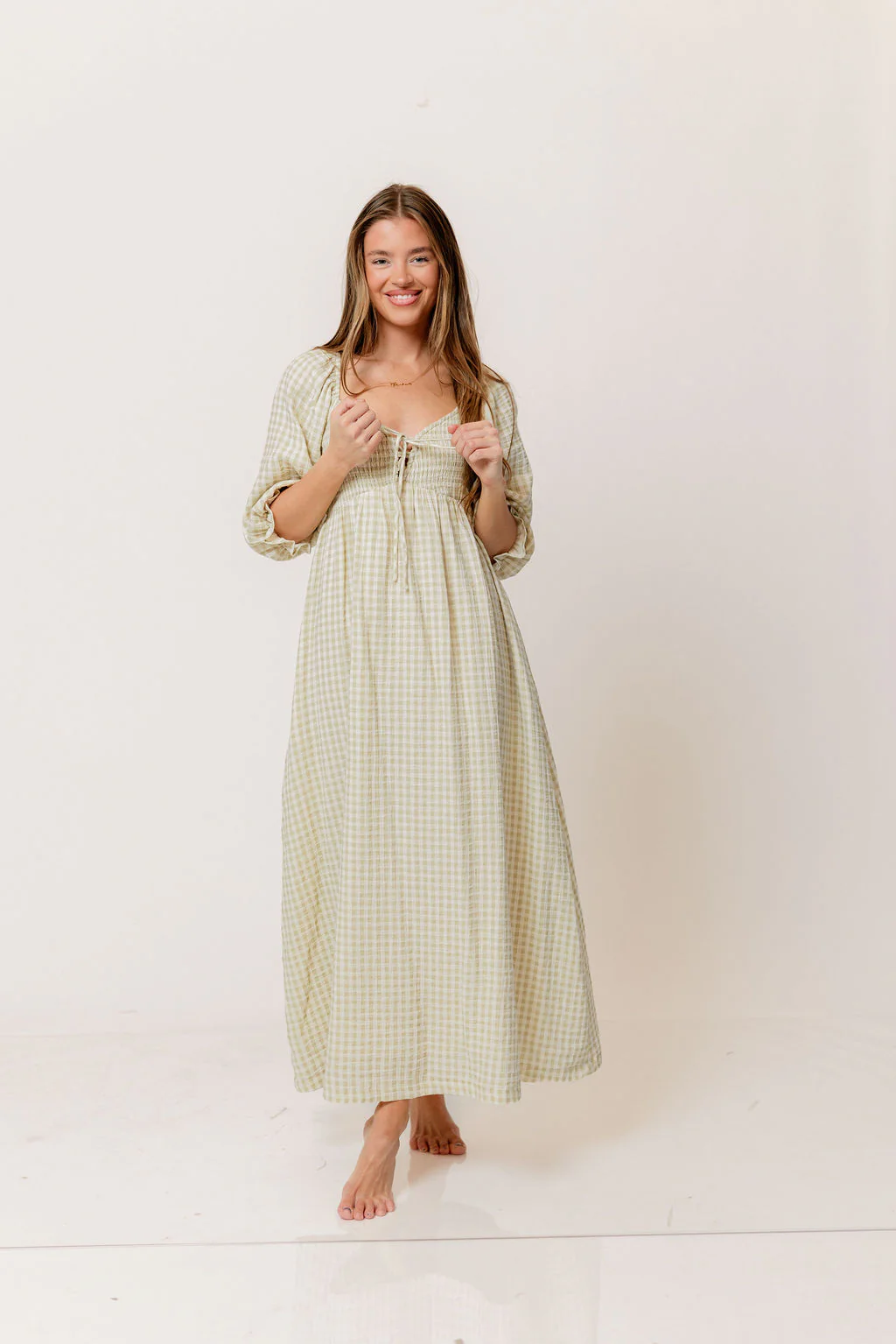 Cecilia 100% Cotton Smocked Maxi Dress in Green Haze Plaid (Lined) - Bump Friendly - Image 4