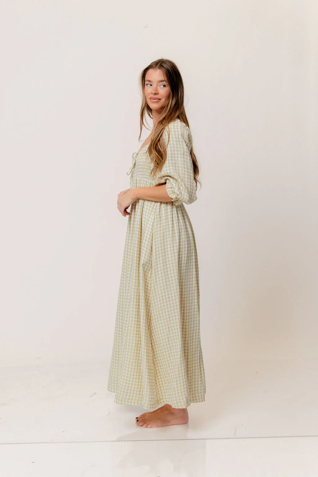 Cecilia 100% Cotton Smocked Maxi Dress in Green Haze Plaid (Lined) - Bump Friendly - Image 5