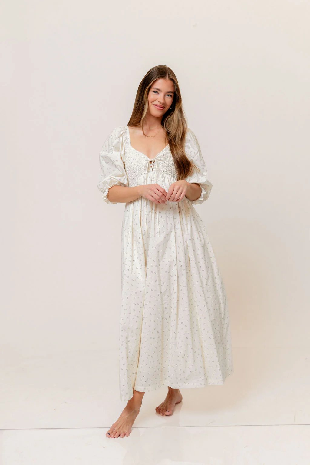 Cecilia 100% Cotton Smocked Maxi Dress in Ivory Floral (Lined) - Bump Friendly