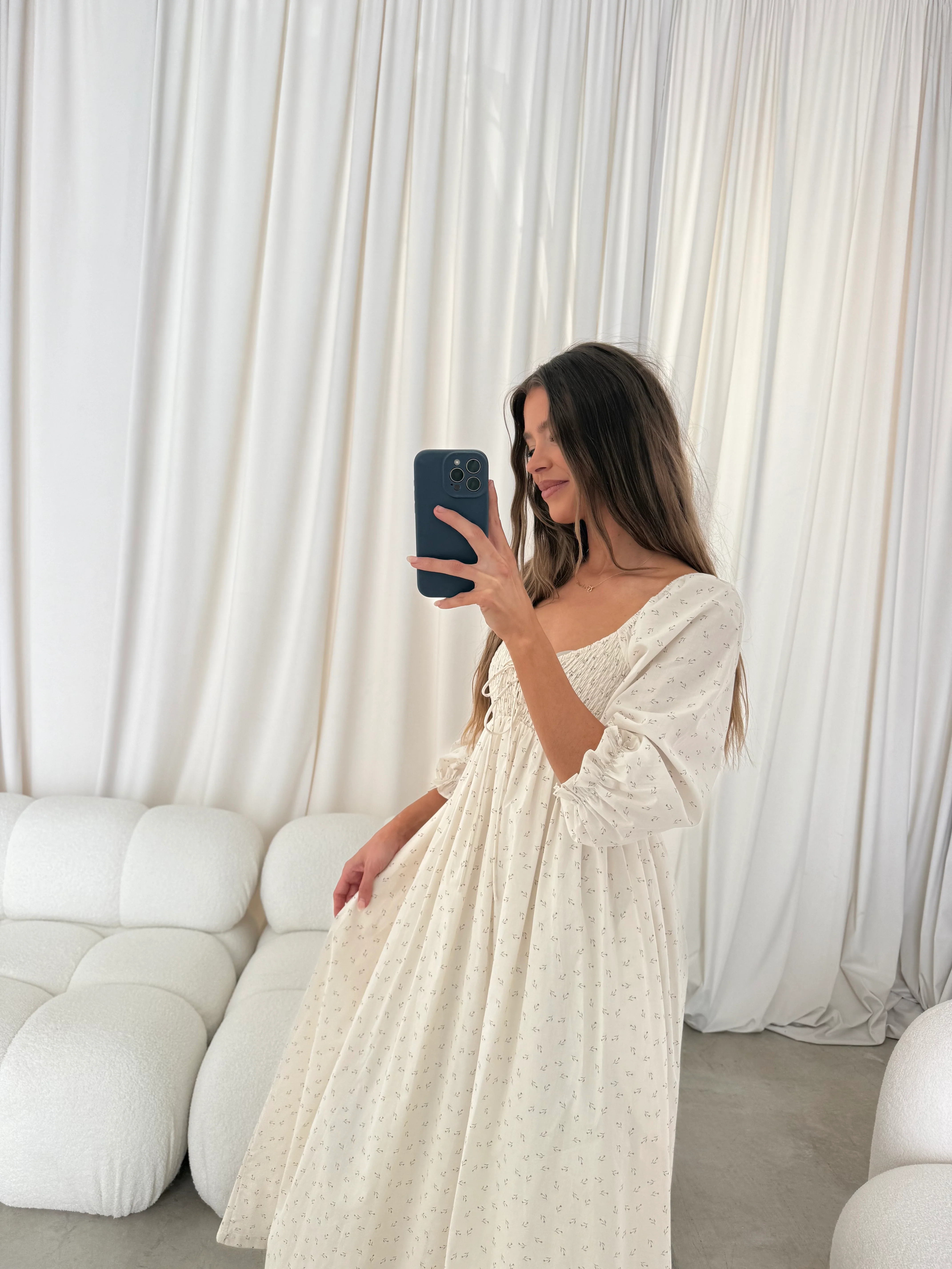 Cecilia 100% Cotton Smocked Maxi Dress in Ivory Floral (Lined) - Bump Friendly - Image 14