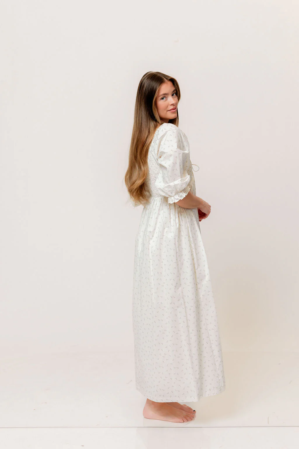 Cecilia 100% Cotton Smocked Maxi Dress in Ivory Floral (Lined) - Bump Friendly - Image 2