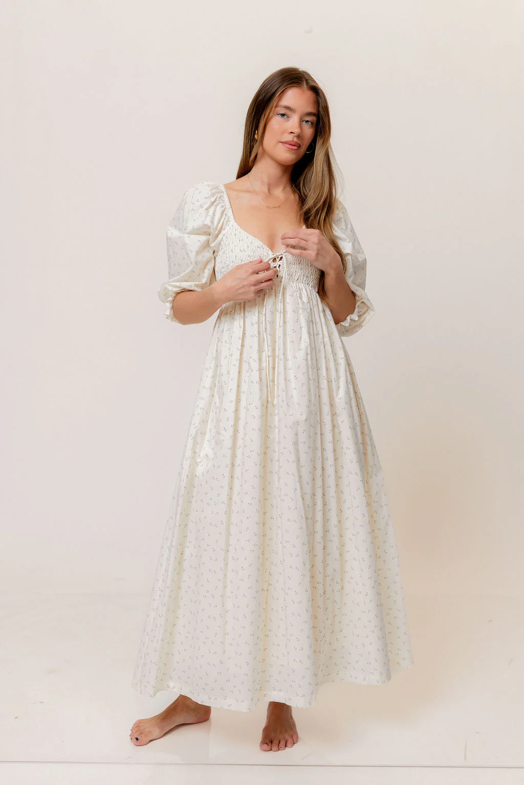 Cecilia 100% Cotton Smocked Maxi Dress in Ivory Floral (Lined) - Bump Friendly - Image 4