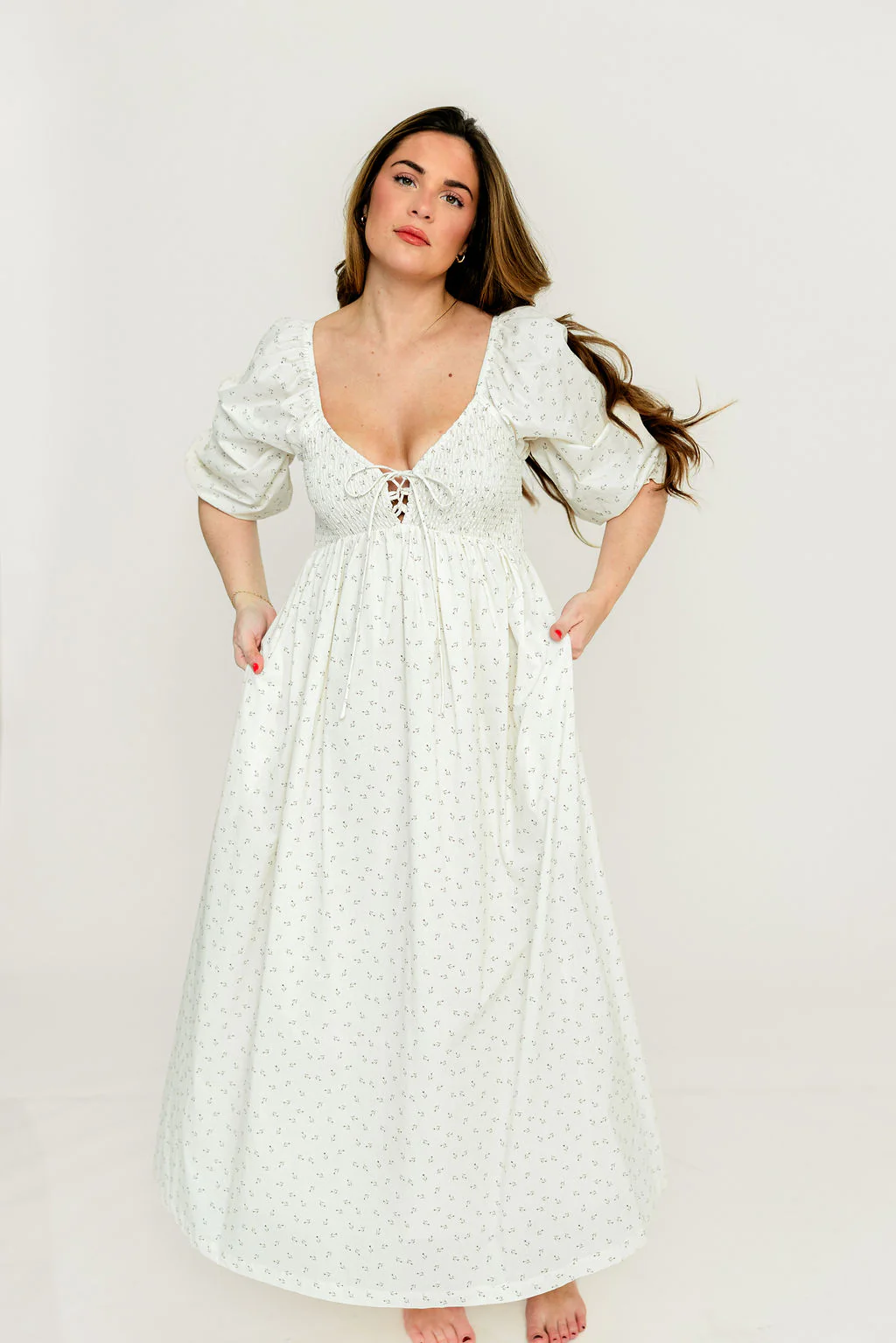 Cecilia 100% Cotton Smocked Maxi Dress in Ivory Floral (Lined) - Bump Friendly - Image 7