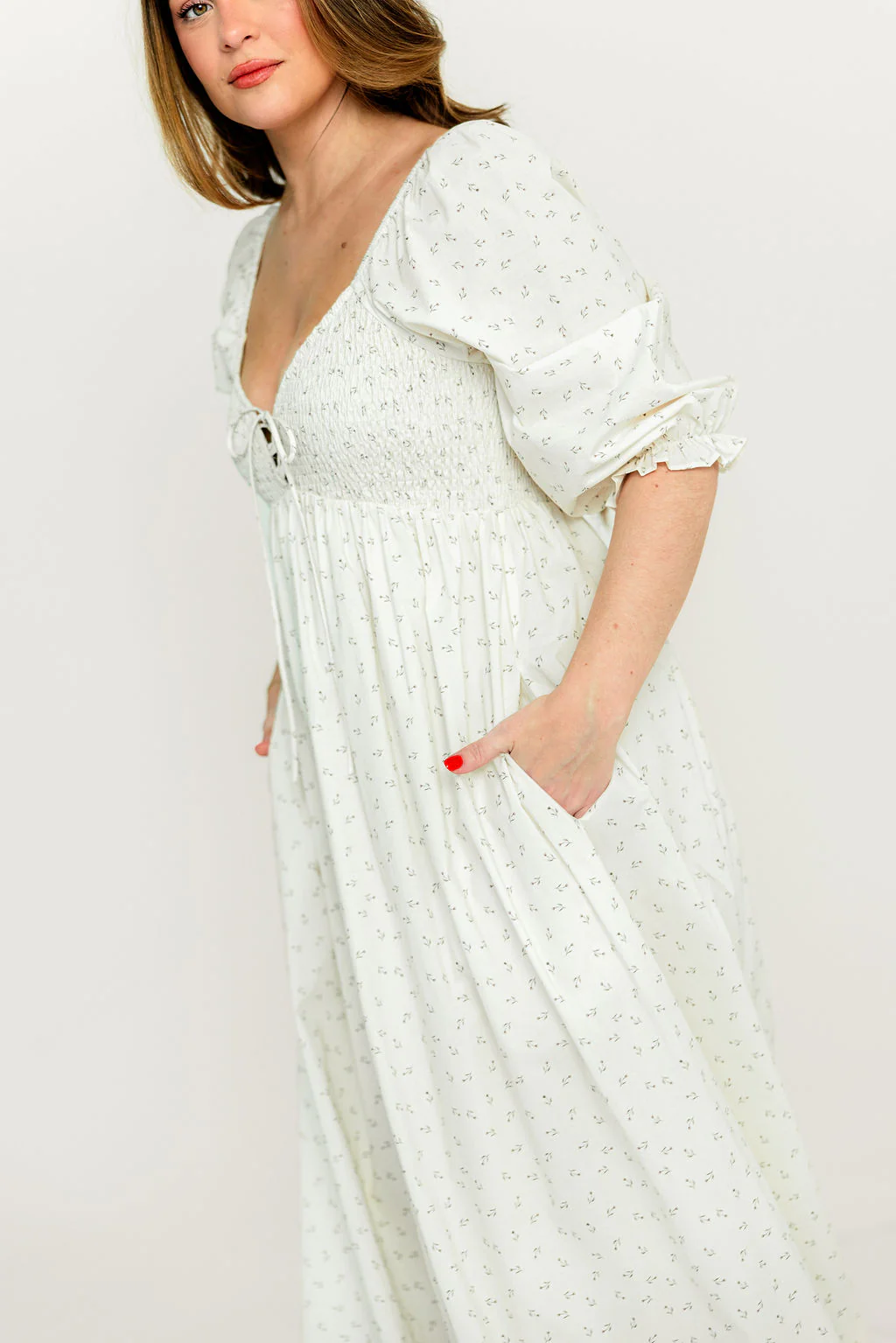 Cecilia 100% Cotton Smocked Maxi Dress in Ivory Floral (Lined) - Bump Friendly - Image 9