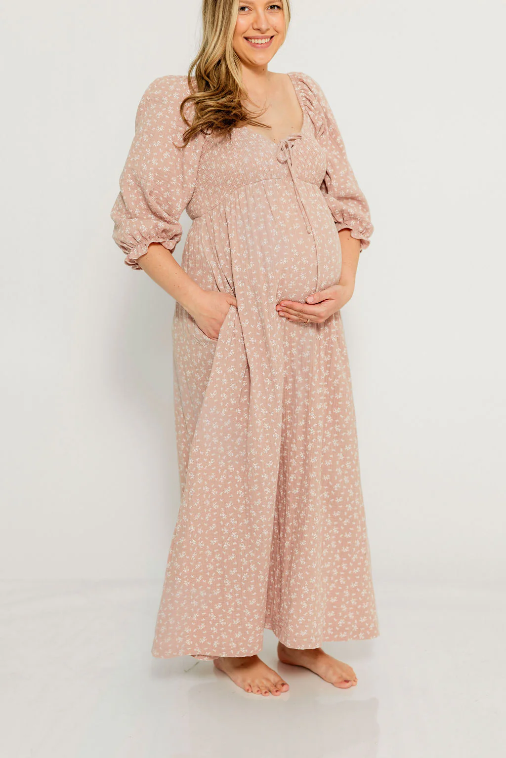 Cecilia 100% Cotton Smocked Maxi Dress in Rose Foliage - Bump Friendly - Image 16