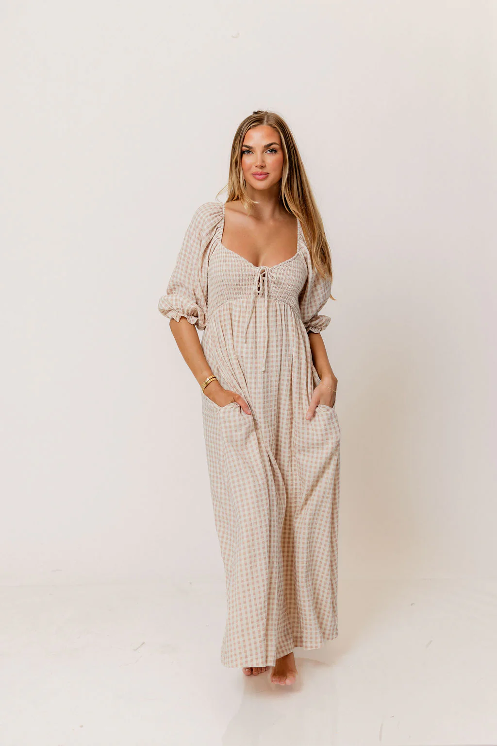 Cecilia 100% Cotton Smocked Maxi Dress in Rose Plaid (Lined) - Bump Friendly - Image 2