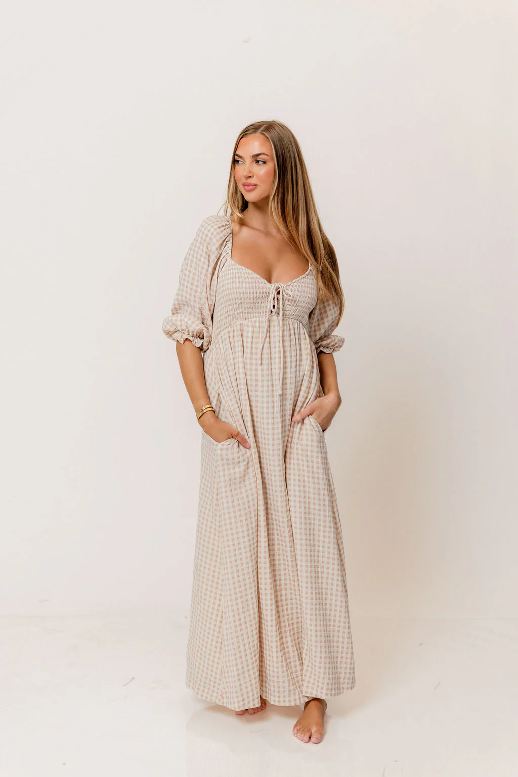 Cecilia 100% Cotton Smocked Maxi Dress in Rose Plaid (Lined) - Bump Friendly - Image 3