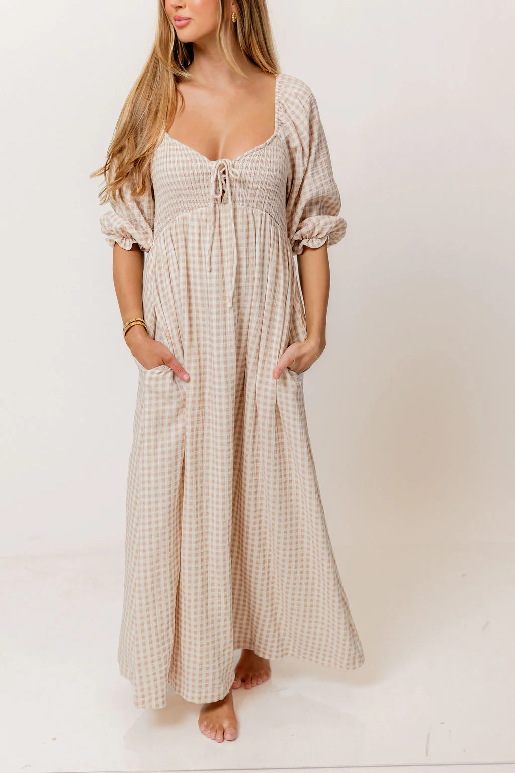 Cecilia 100% Cotton Smocked Maxi Dress in Rose Plaid (Lined) - Bump Friendly - Image 4