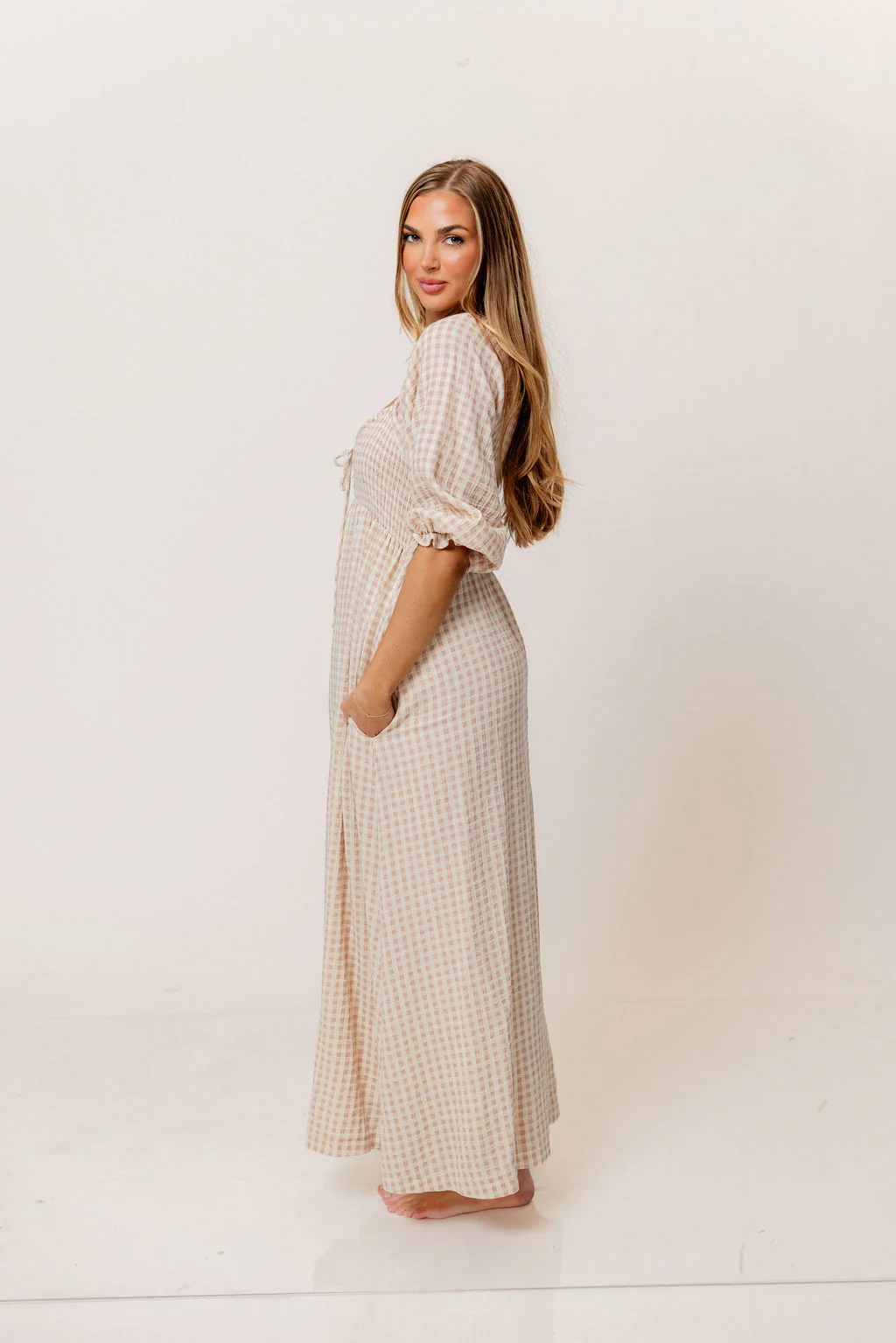 Cecilia 100% Cotton Smocked Maxi Dress in Rose Plaid (Lined) - Bump Friendly - Image 6
