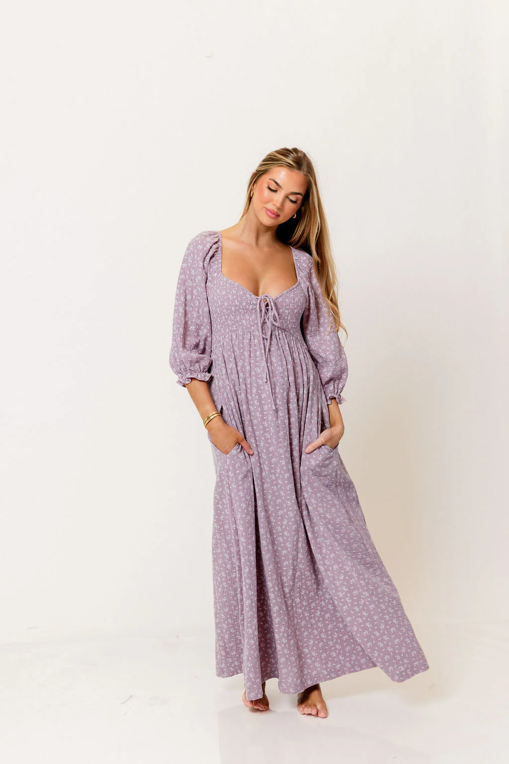 Cecilia 100% Cotton Smocked Maxi Dress in Wisteria Foliage - Bump Friendly