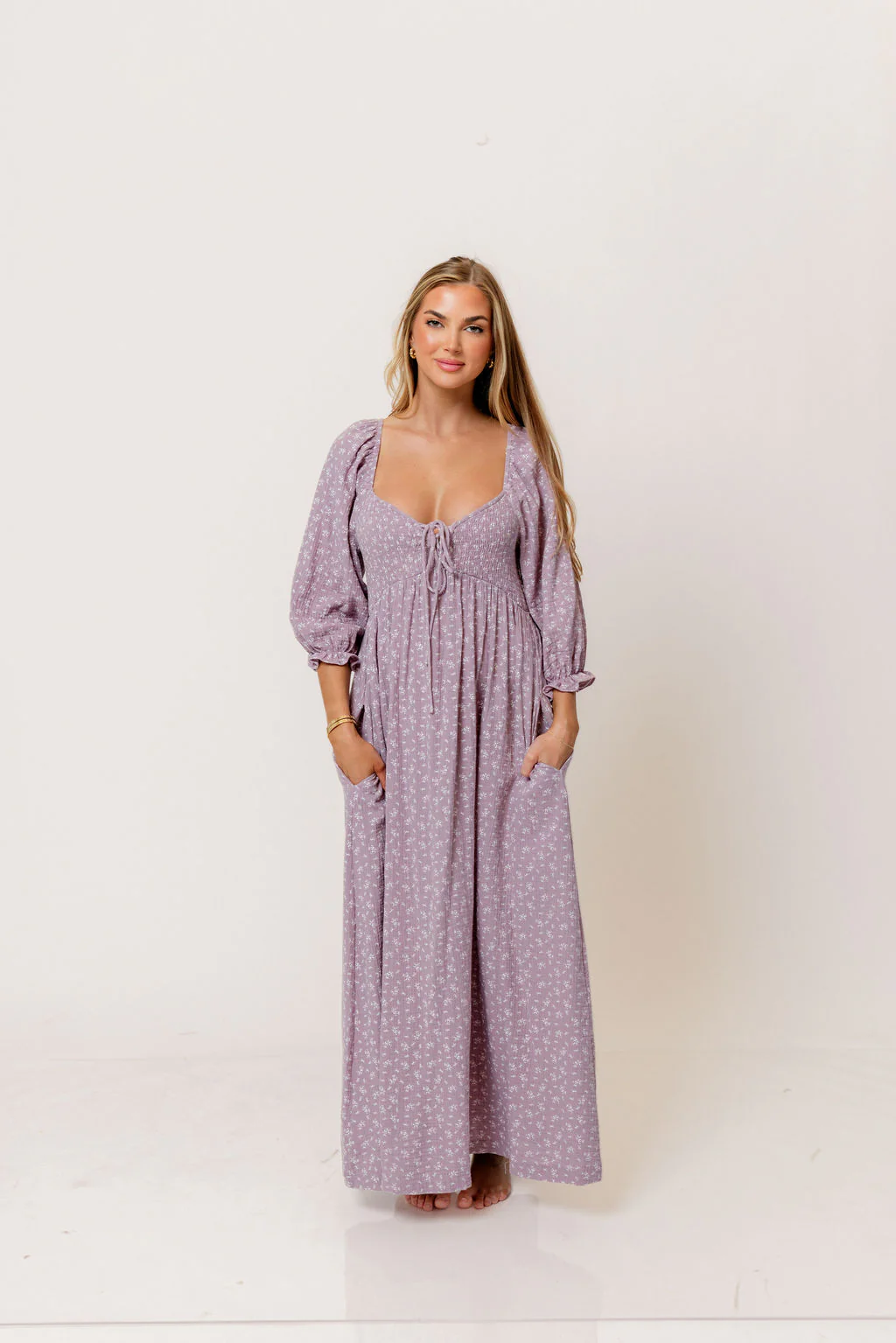 Cecilia 100% Cotton Smocked Maxi Dress in Wisteria Foliage - Bump Friendly - Image 2