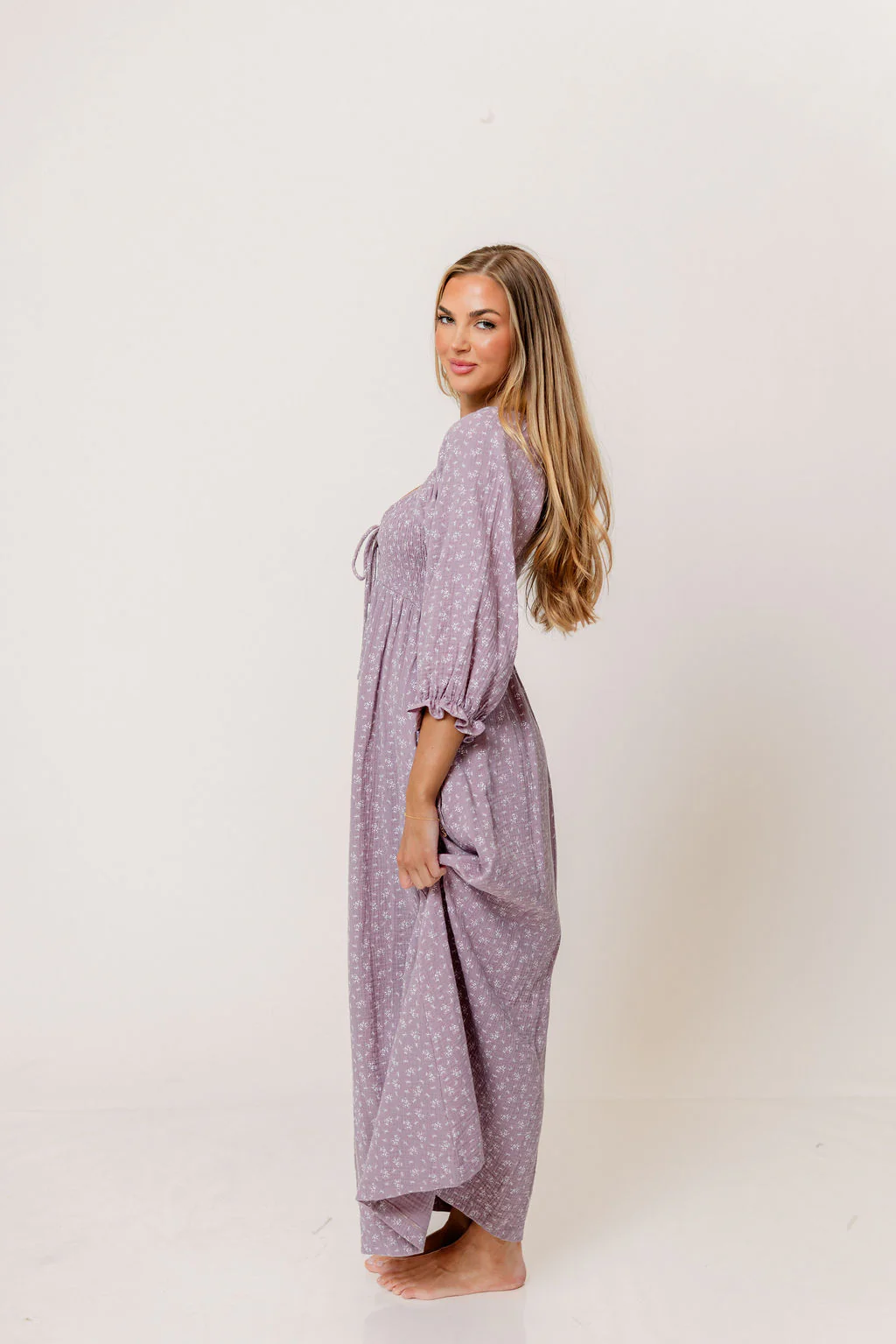Cecilia 100% Cotton Smocked Maxi Dress in Wisteria Foliage - Bump Friendly - Image 3