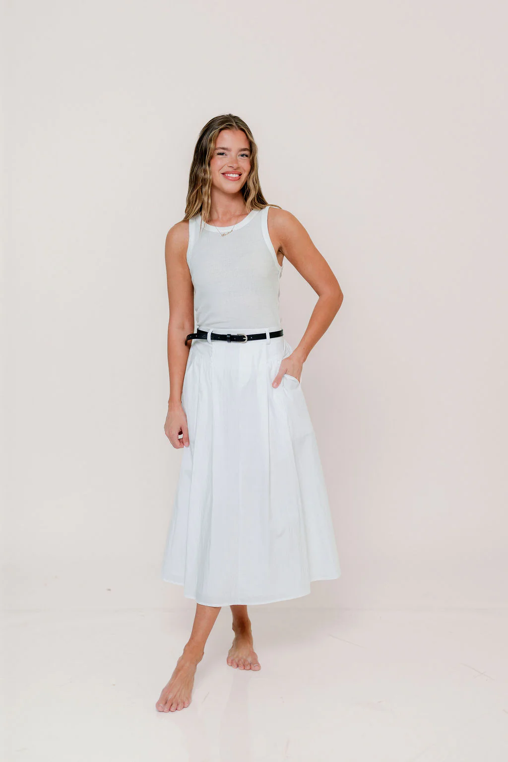 Central Park Midi Skirt with Belt in White