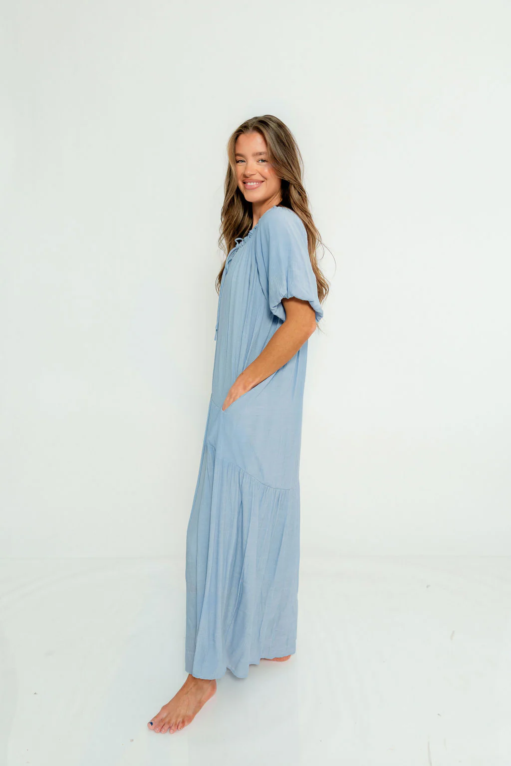 Christina Puffed Sleeve Maxi Dress in Cloud - Bump Friendly - Image 5