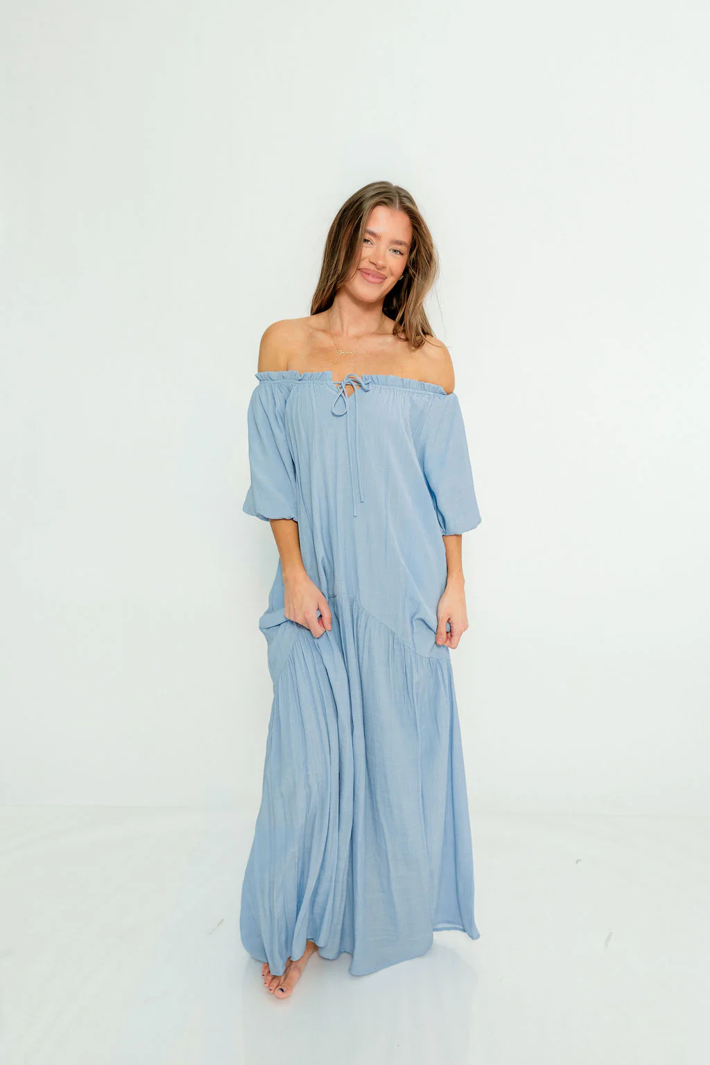 Christina Puffed Sleeve Maxi Dress in Cloud - Bump Friendly - Image 6